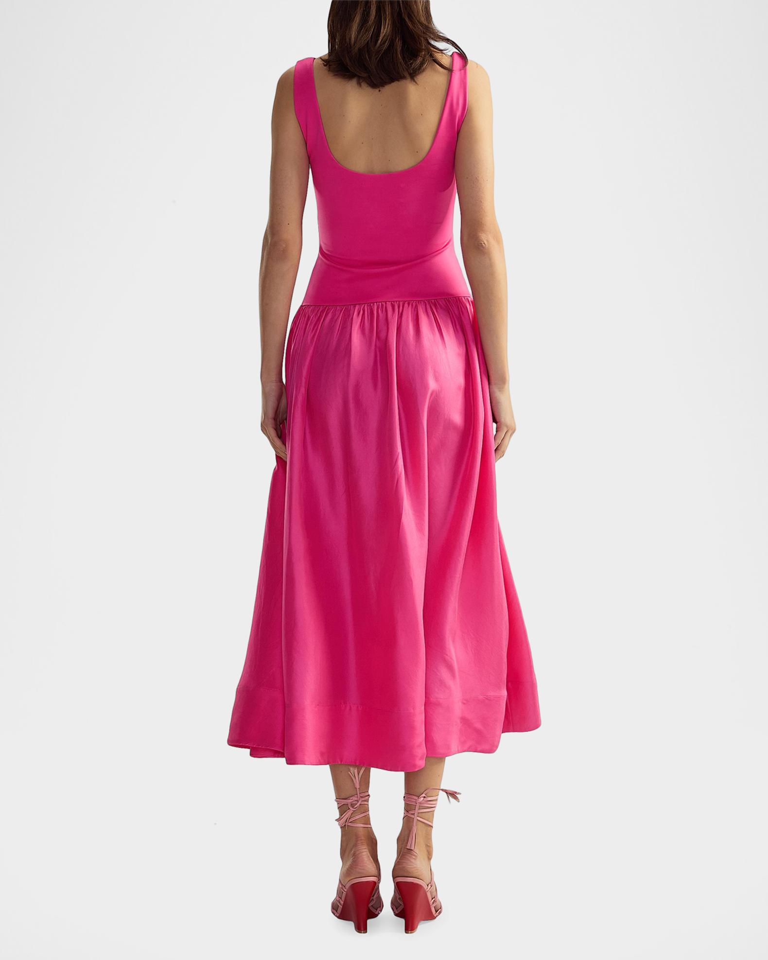 cynthia rowley bridesmaid dresses Mixed Media Drop-Waist Midi Dress Shirred Peach Chiffon Crepe mcdress3070 Size:6 MOS Womens Cynthia Rowley Satin