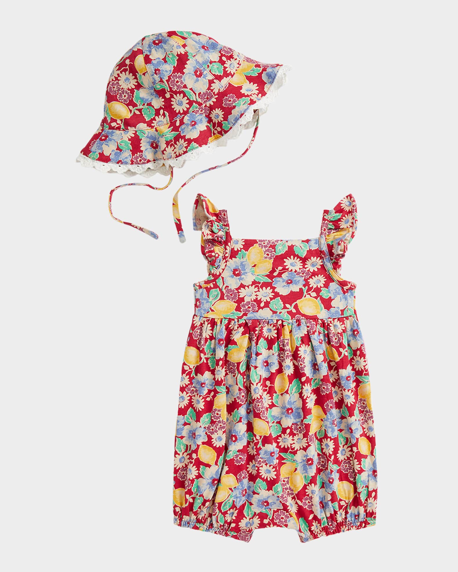 Girl's Floral & Lemon-Print Romper W/ Sun Hat, Size 3M-24M 1