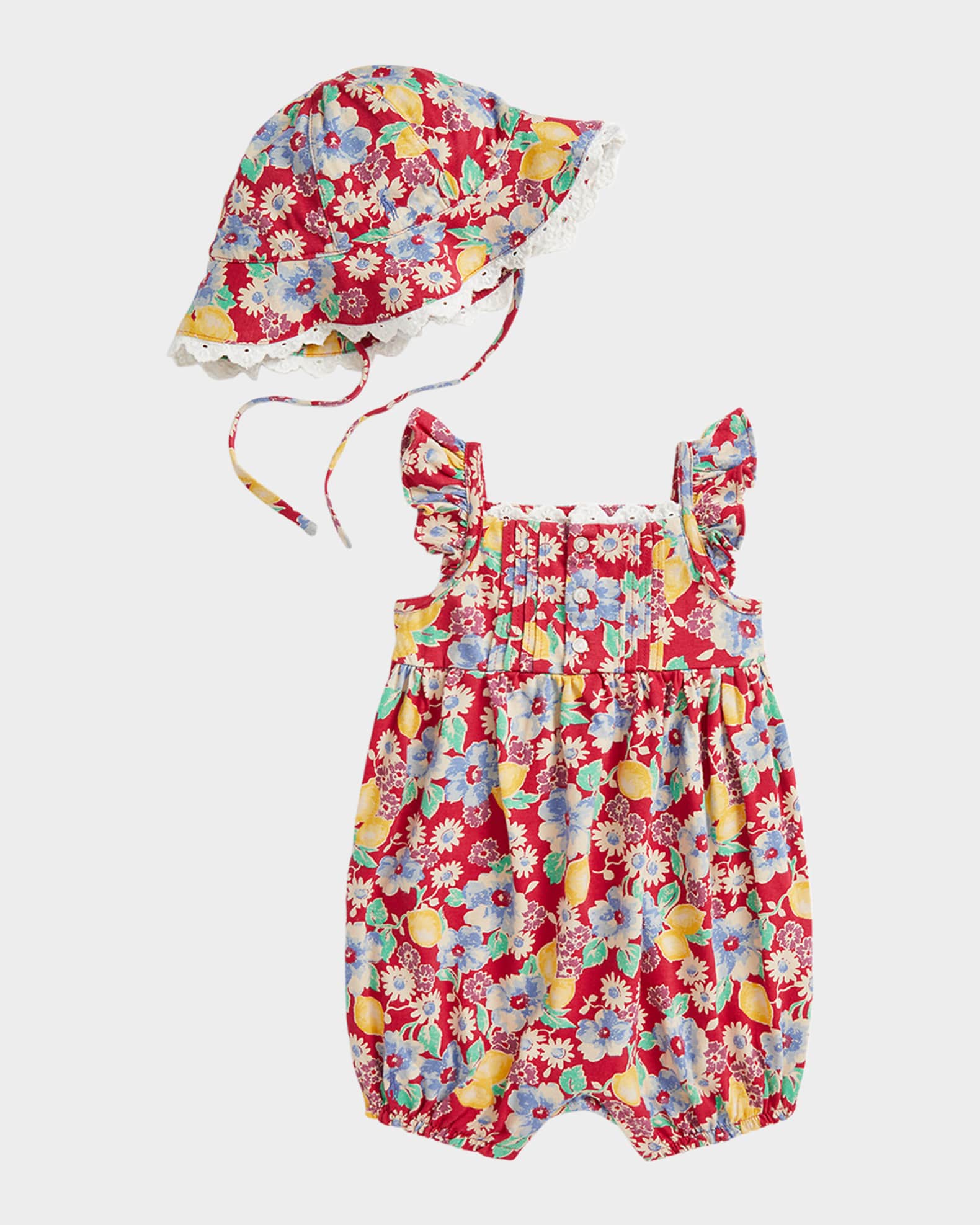 Girl's Floral & Lemon-Print Romper W/ Sun Hat, Size 3M-24M 0