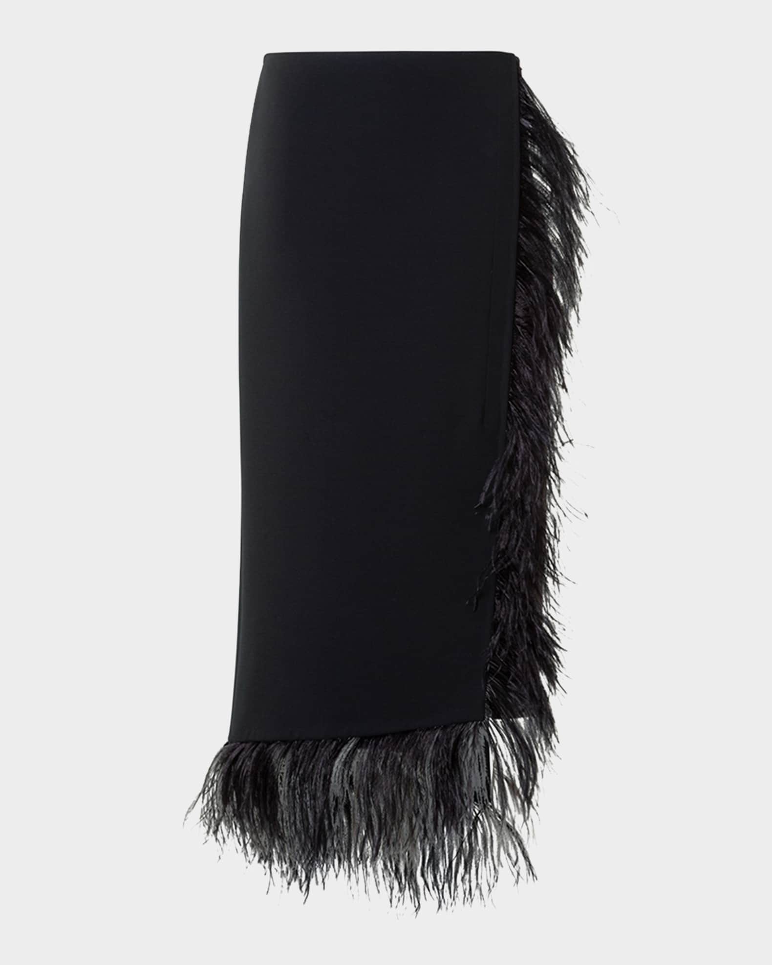 Feather-Trim Wool Stretch Double Face Midi Wrap Skirt 0