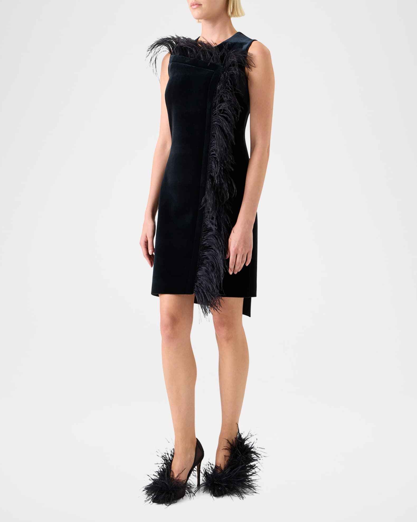 knee length dresses for ladies Feather Trim Off Shoulder Mini Dress – Kats Unique Pearl Boutique main image 0