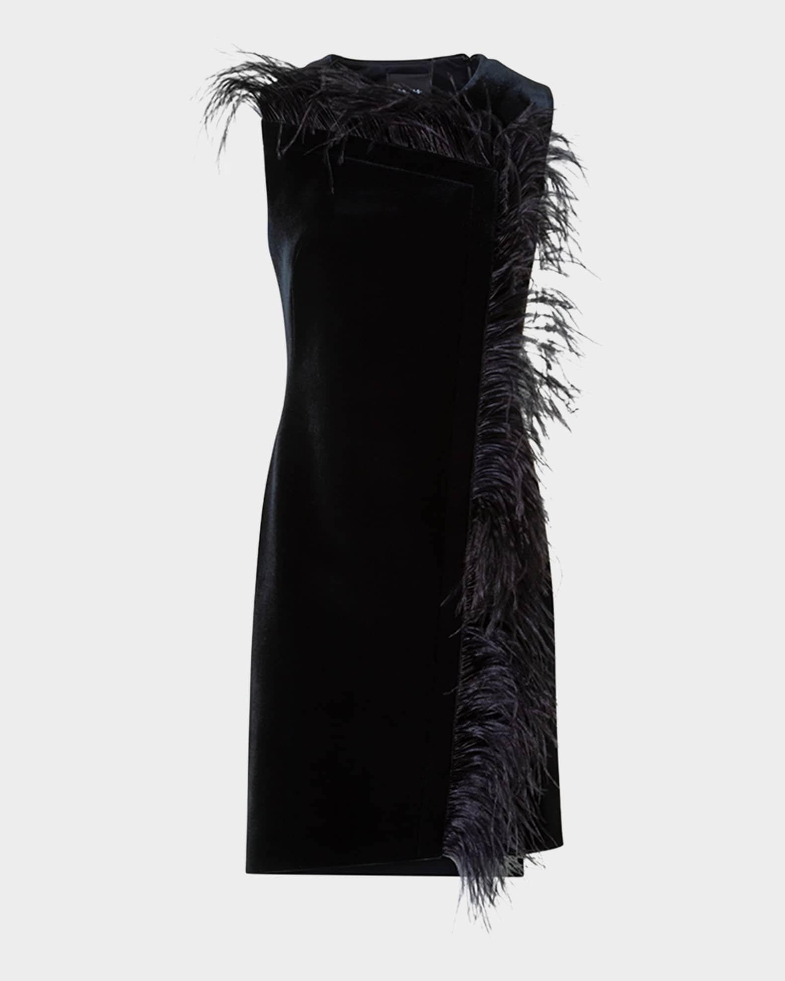 Short Velvet Neoprene Dress with Feather Trim Black / 4