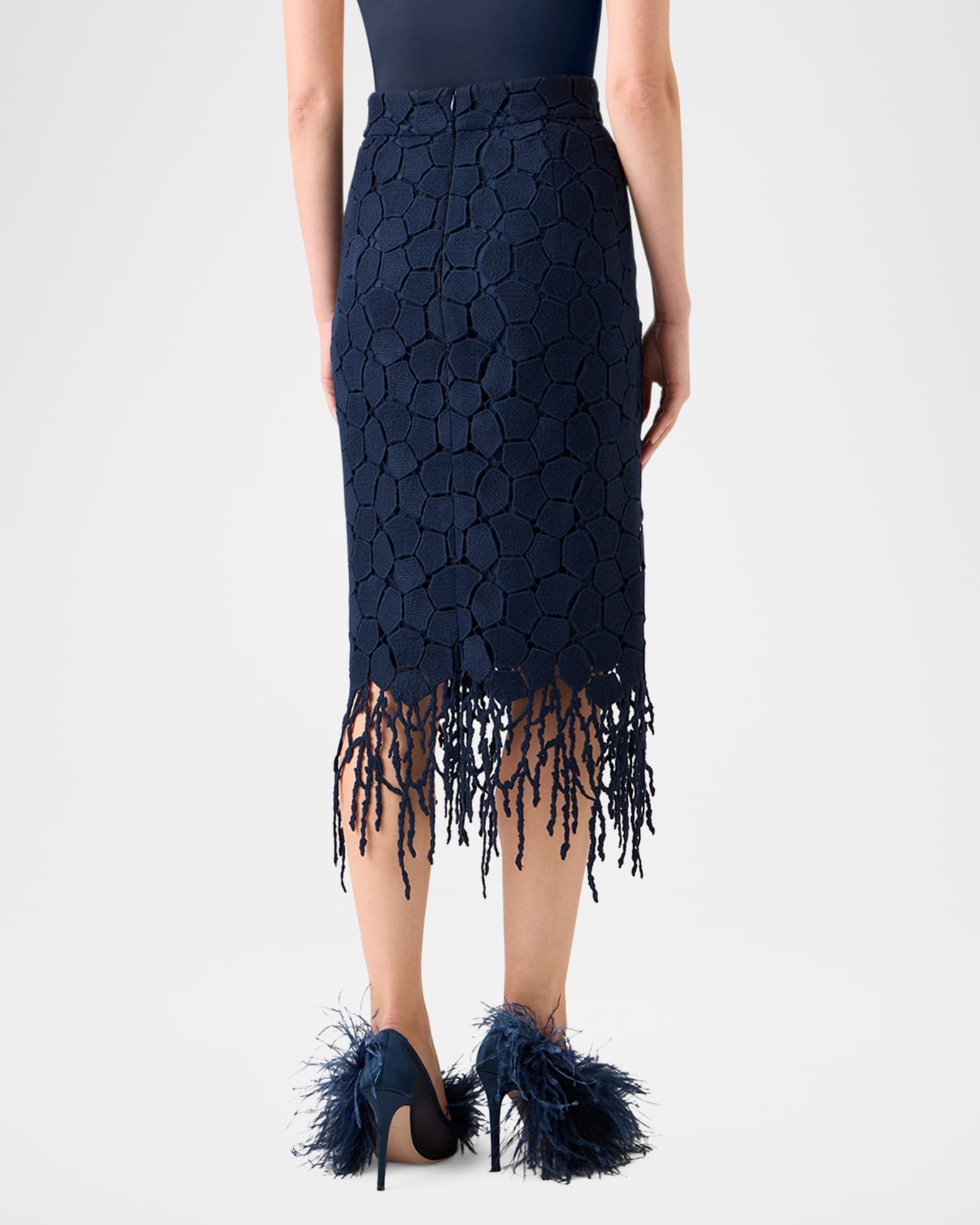 Akris Broken Stone Guipure Fringed Midi Pencil Skirt | Neiman Marcus
