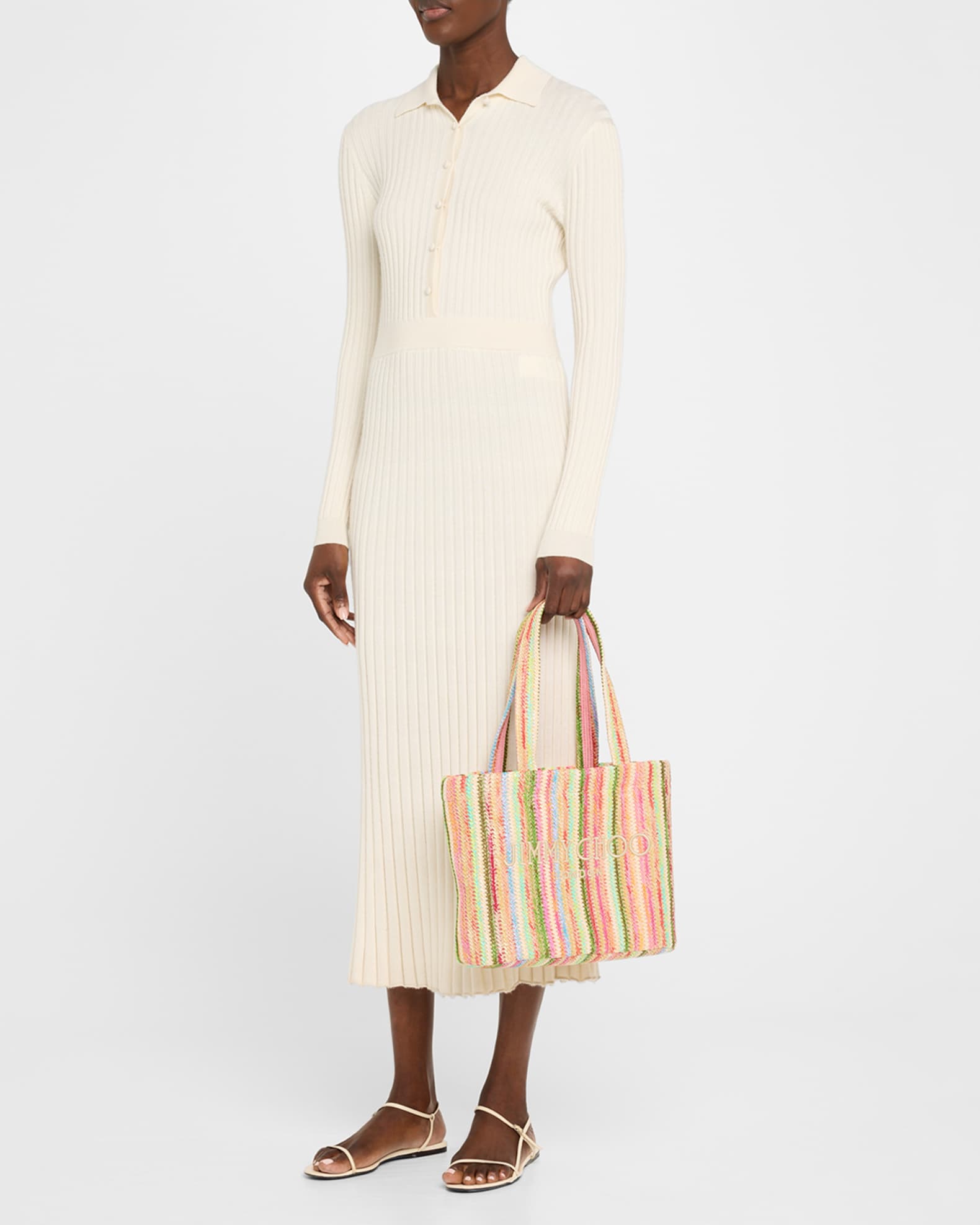 Jimmy Choo Beach Medium Striped Raffia Tote Bag | Neiman Marcus