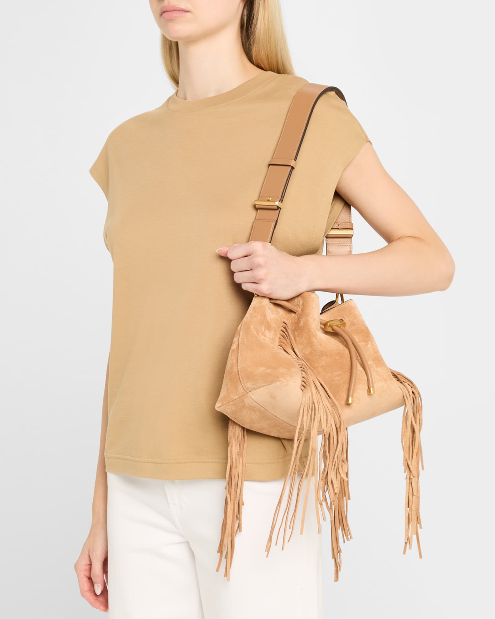 Jimmy Choo Bon Bon Cinch Fringed Suede Bucket Bag | Neiman