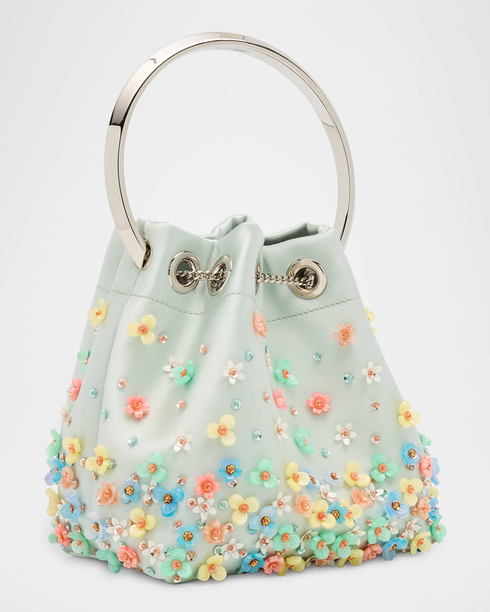 バッグ・カバンその他 Jimmy Choo BON BON N/S BUCKET BAG Bon Bon | Black Satin Bucket Bag with Metal Flowers | JIMMY CHOO