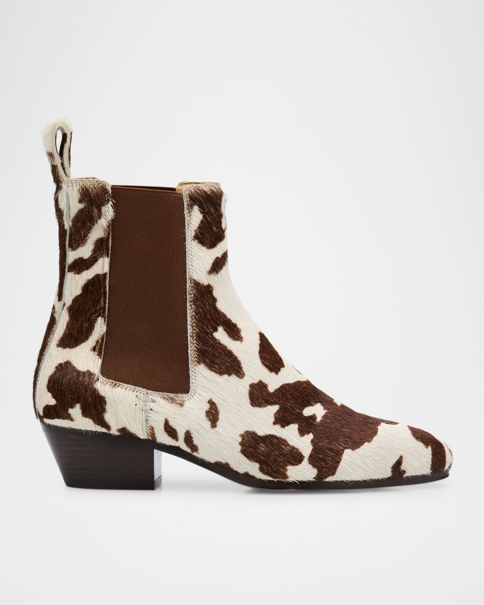 Ella Cow-Print Pony Hair Chelsea Booties 0