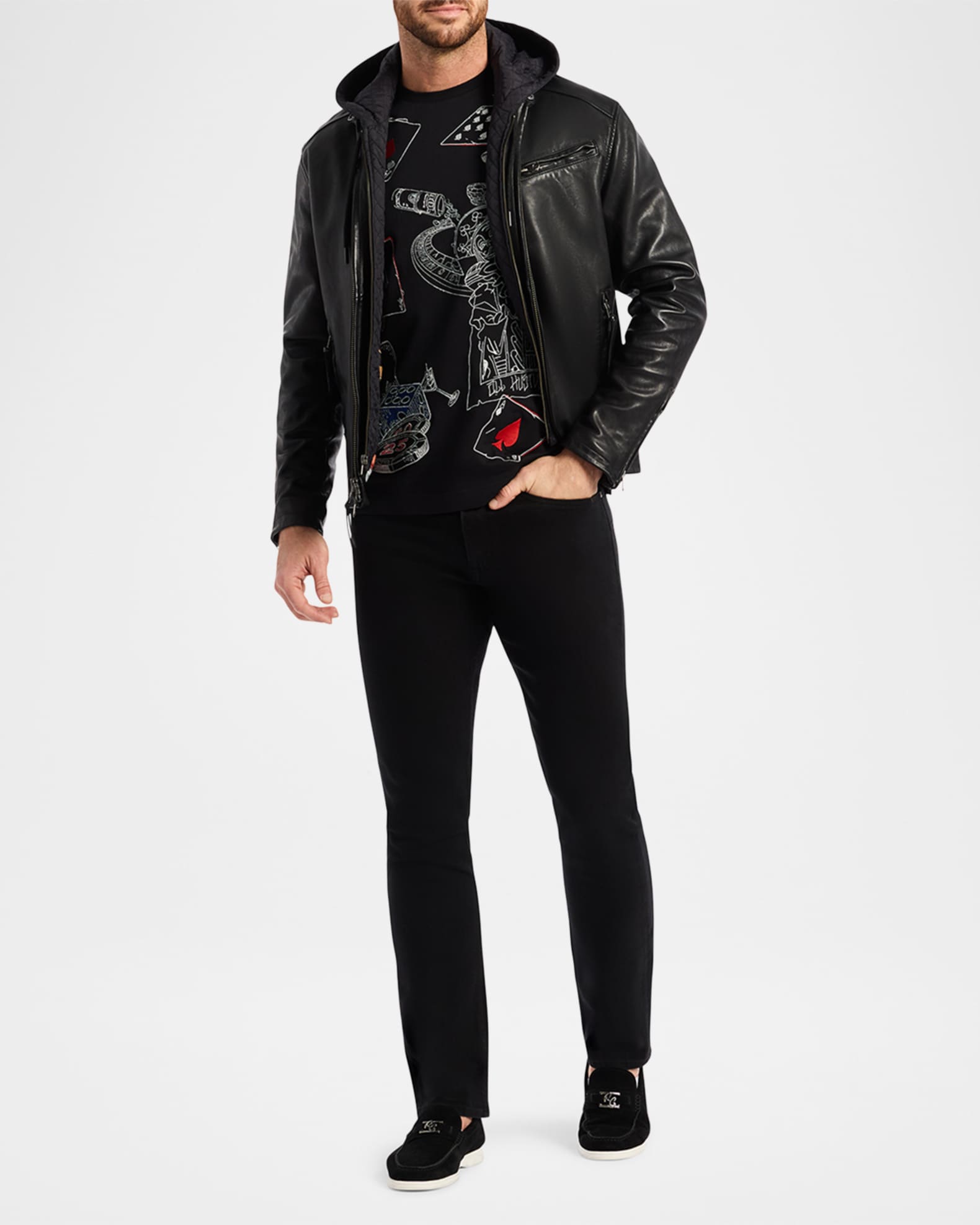 Robert Graham Men's Cedro Leather Moto Jacket with Nylon Hooded