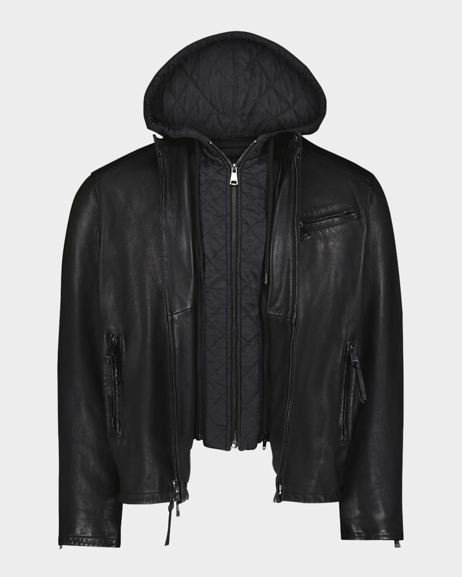 Robert Graham Men's Cedro Leather Moto Jacket with Nylon Hooded