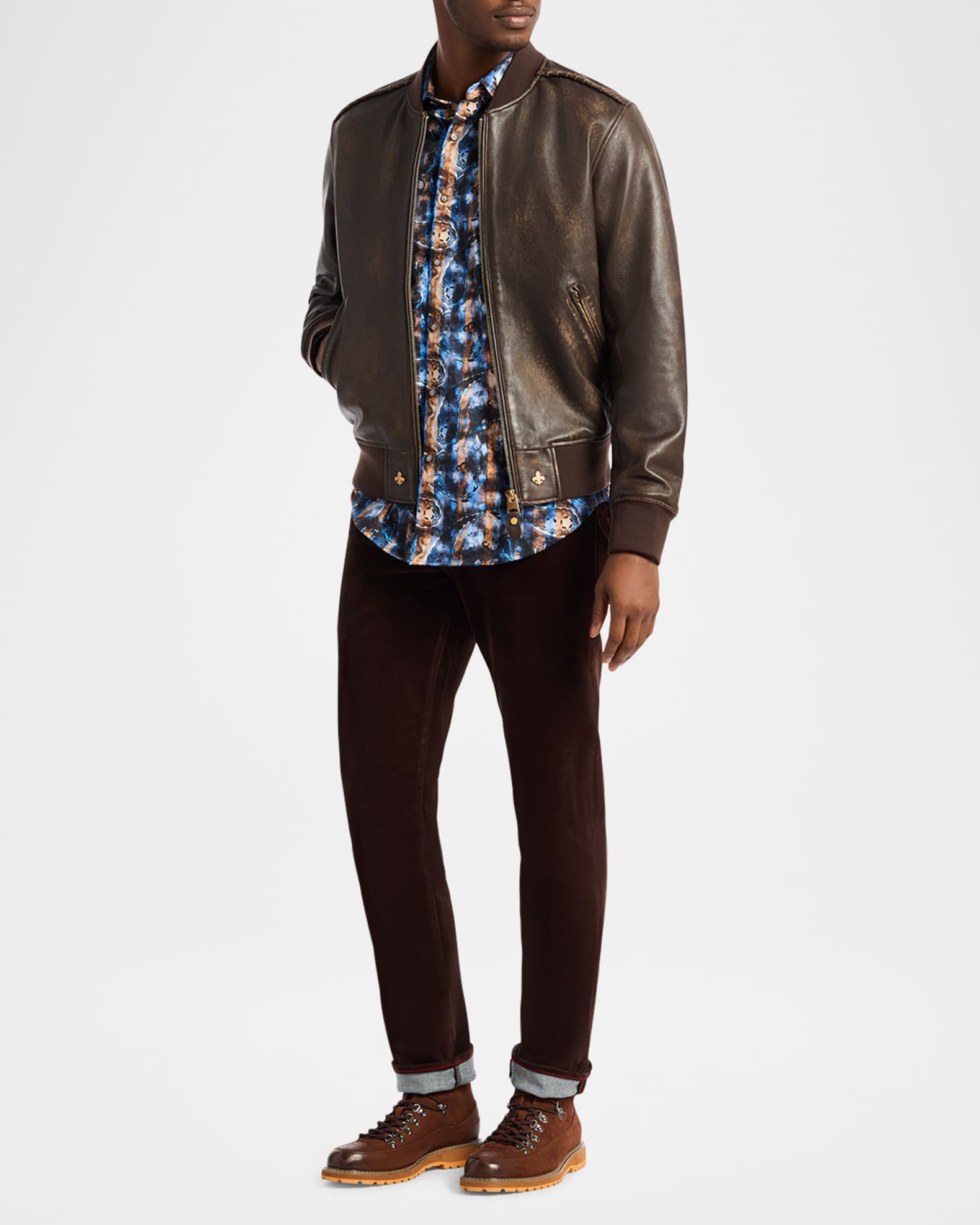 Men's Leather Embroidered-Damask Bomber Jacket 1