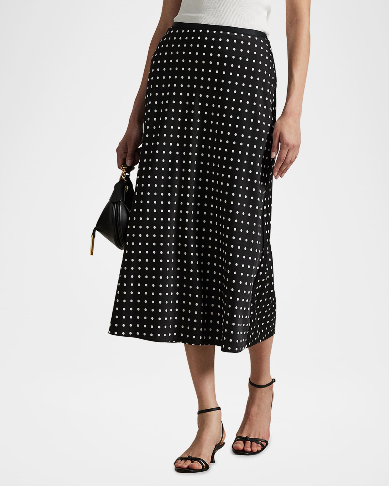 White/Black Polka Dot Satin Midi Skirt main image 1
