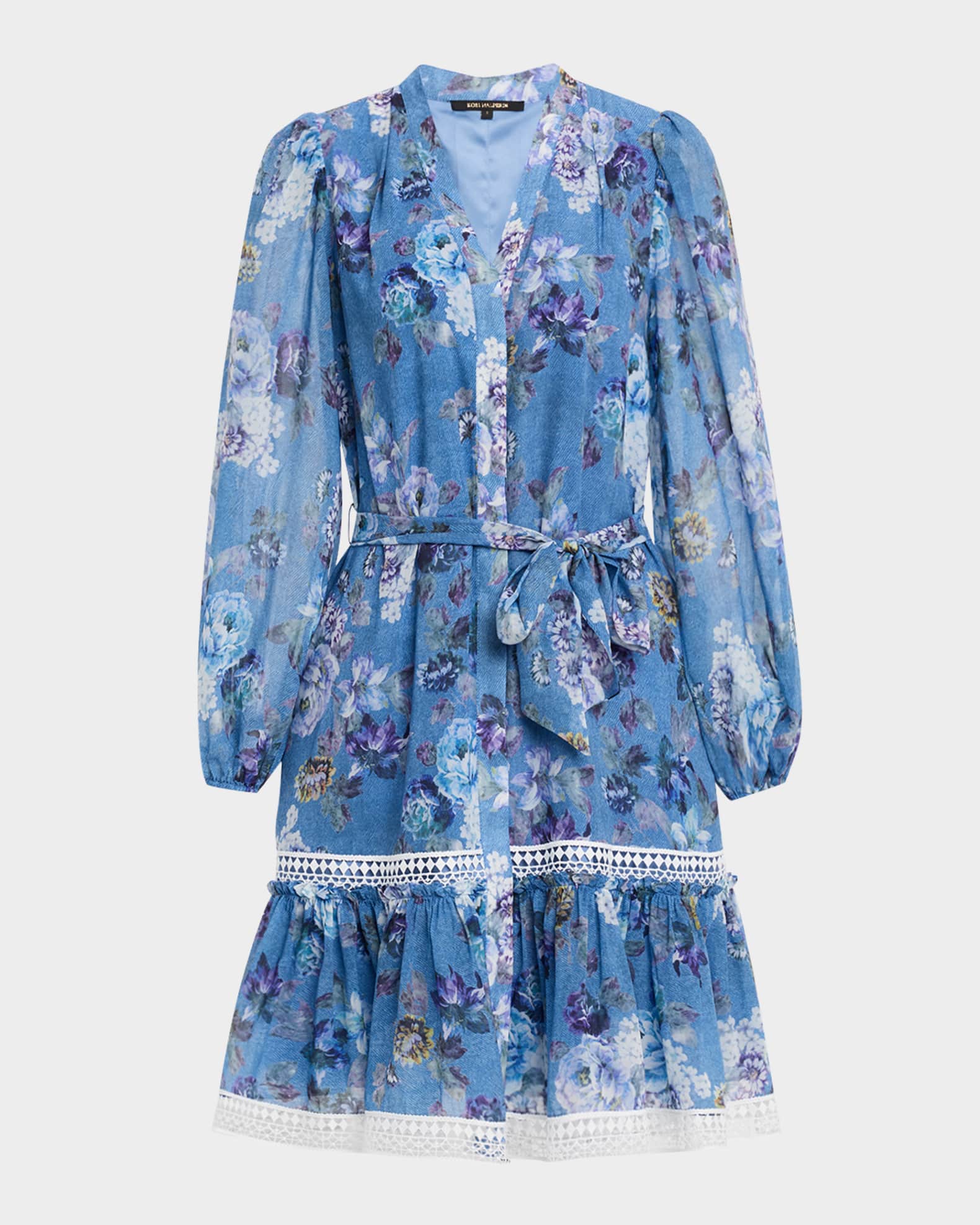 Kobi Halperin Elisa Long-Sleeve Floral Lace-Trim Dress | Neiman Marcus