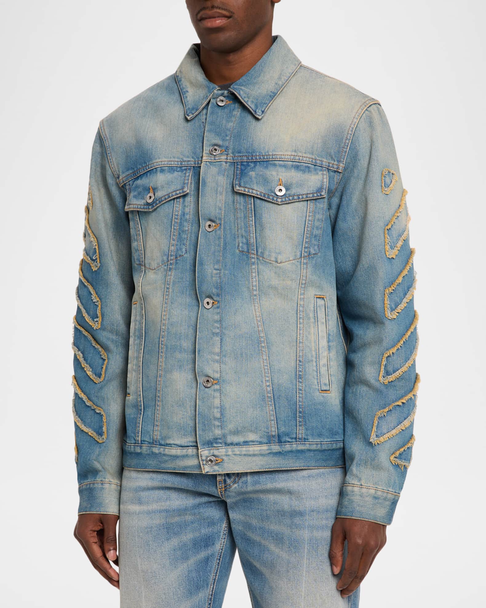 Off-White Men's Diagonal Raw Patch Denim Jacket | Neiman Marcus