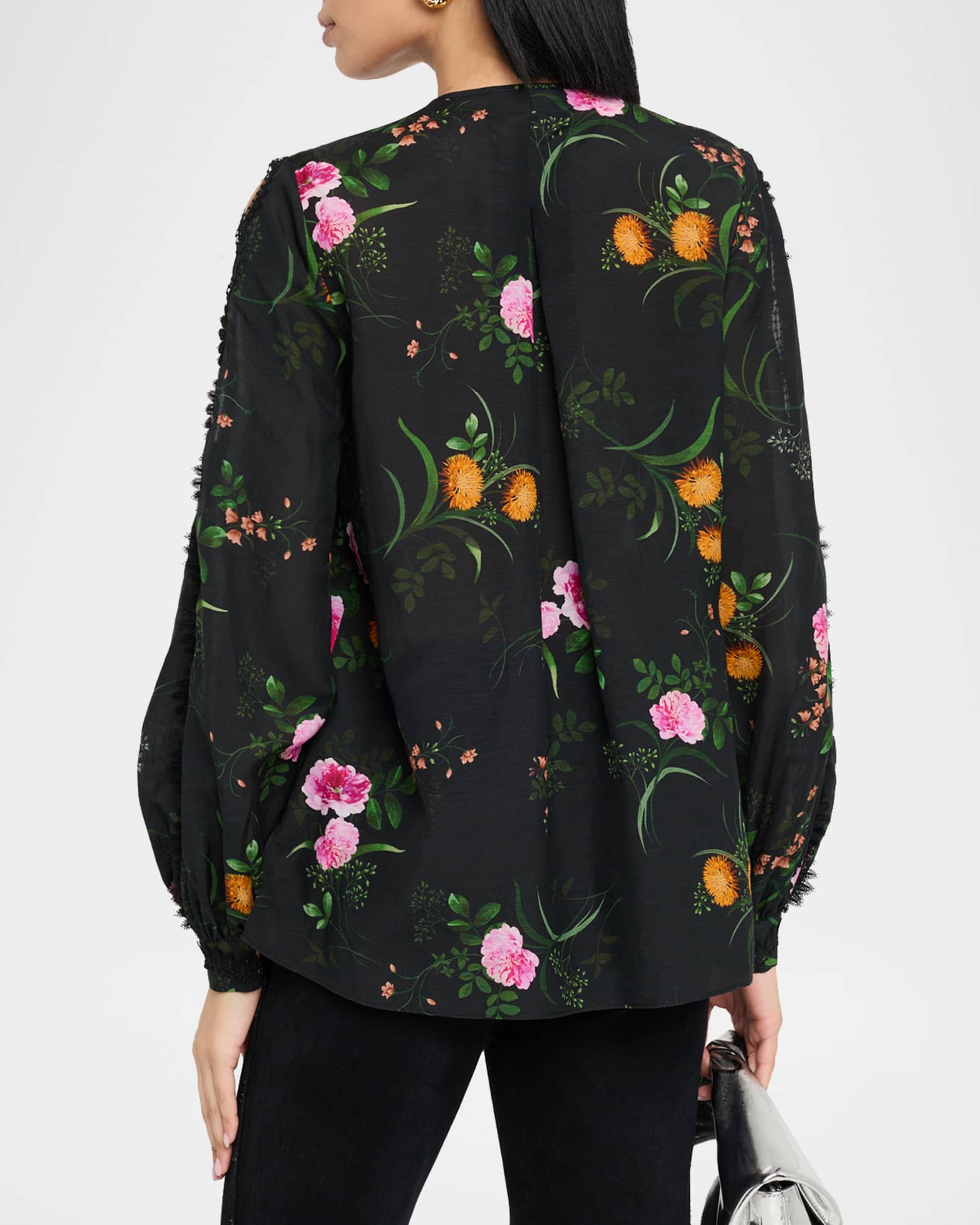 ご予約品です新品 2025 Rene ❁ Relaxed Blouse 38 Ren Floral-Print Cutout Blouse | Neiman Marcus