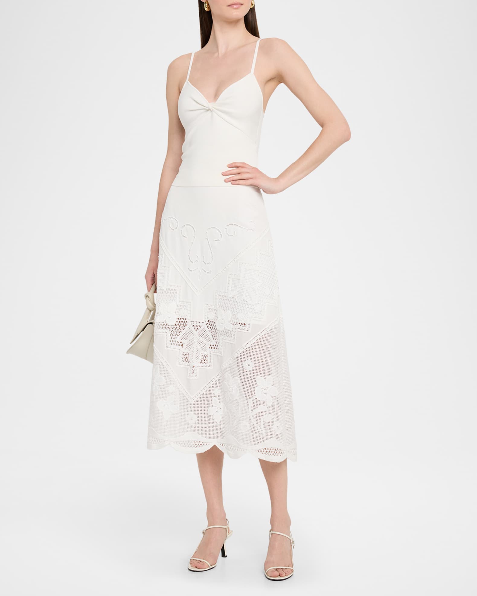 Kobi Halperin Lorelei Lace-Inset Linen Midi Skirt | Neiman