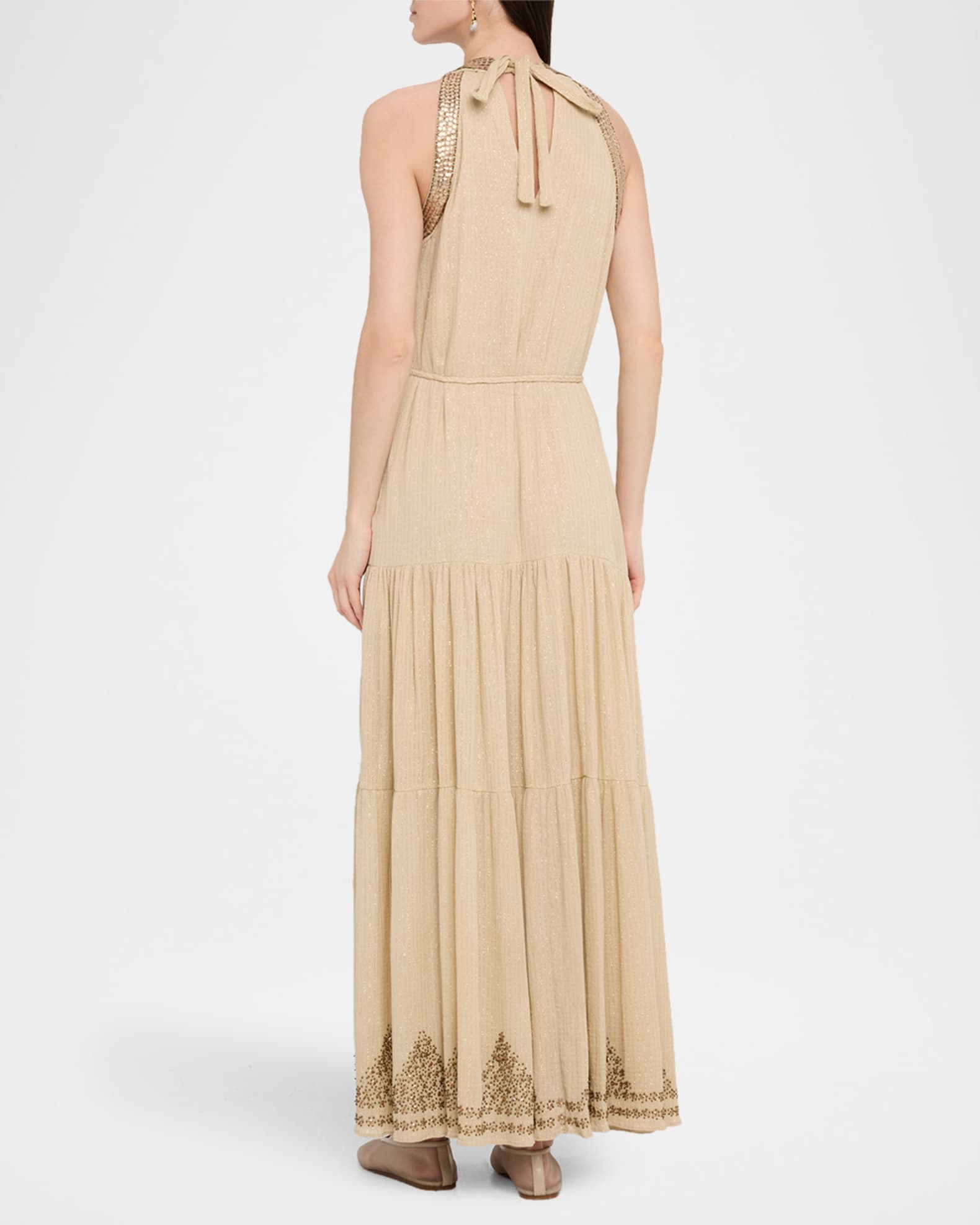 Kobi Halperin Paige Beaded Tiered Halter Maxi Dress, Beige, Women's, XS, Casual & Work Dresses Maxi Dresses