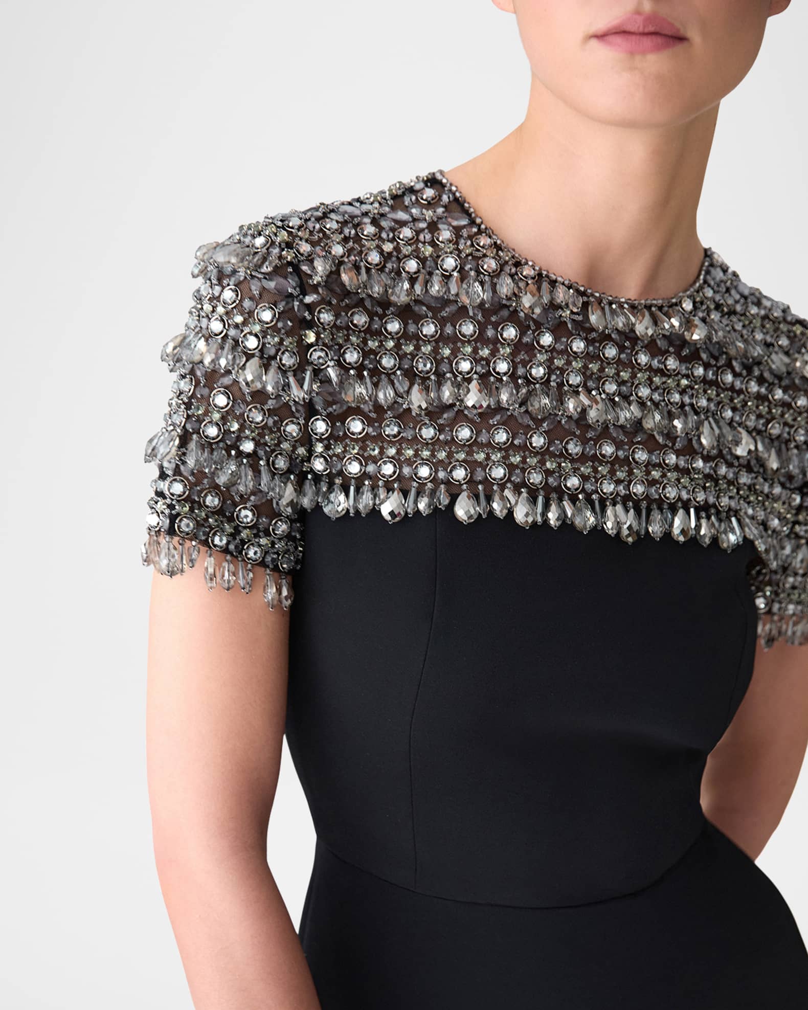 Carolina Herrera Embellished Short-Sleeve Crewneck Pencil Dress