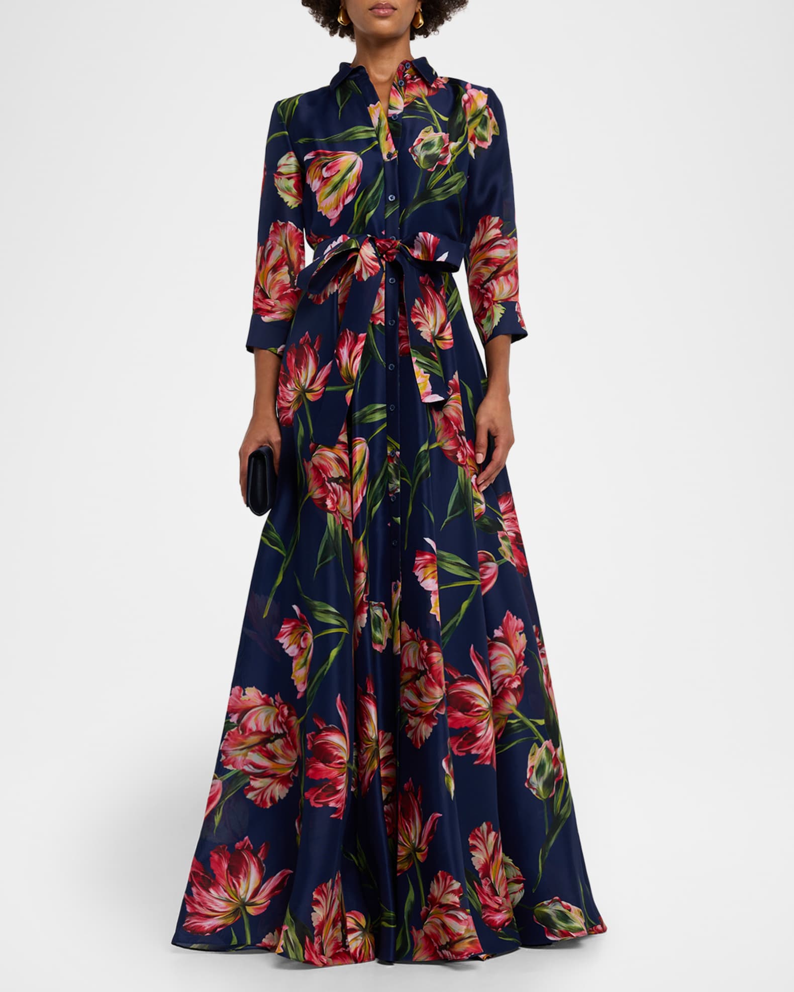 Floral Silk Belted Long-Sleeve Trench Gown