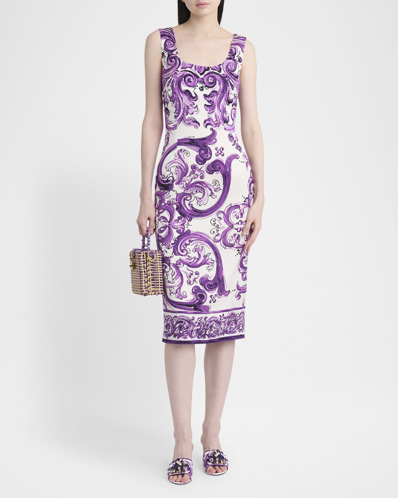 Sleeveless Majolica-Print Charmeuse Midi Dress 1