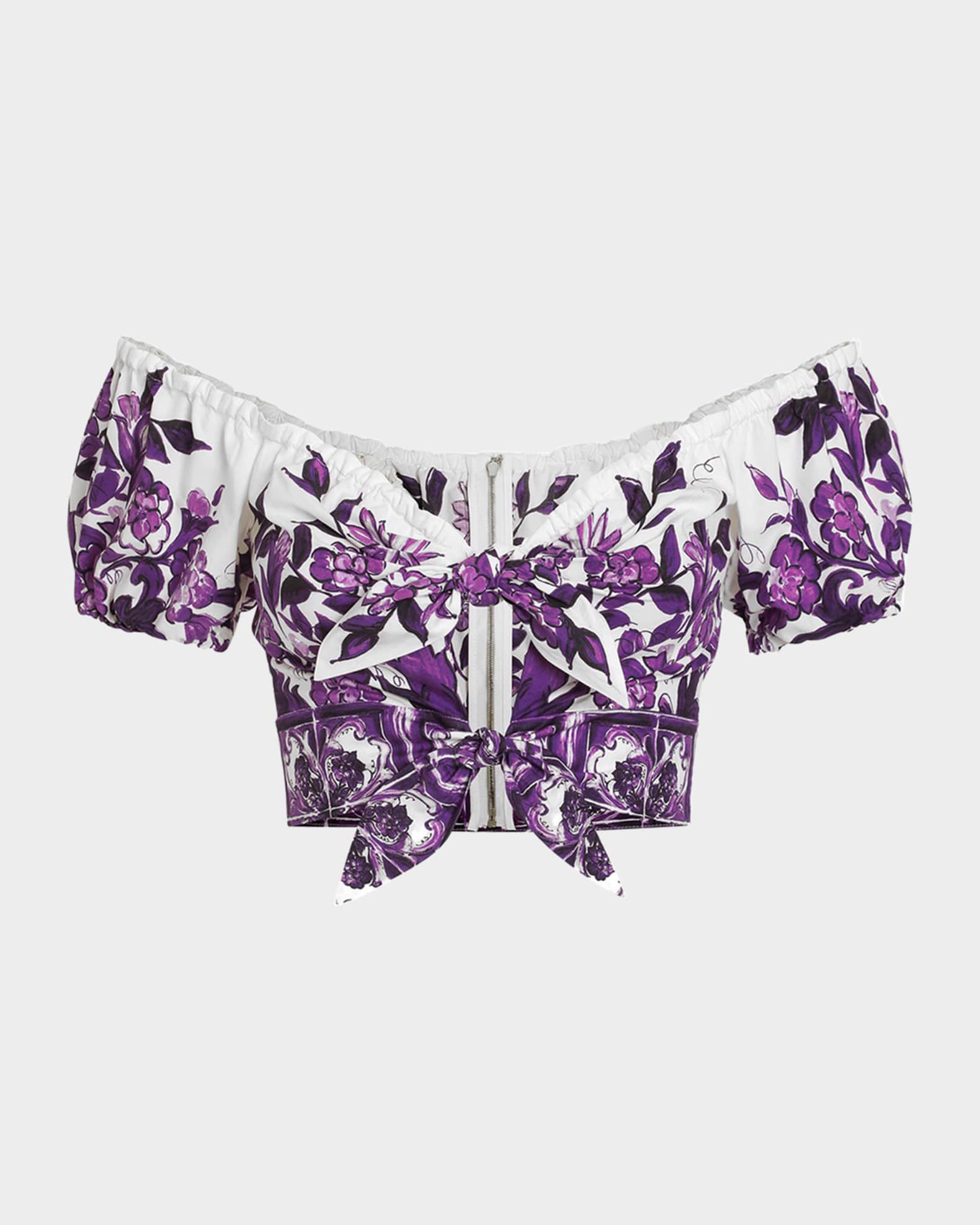 Majolica Poplin Off-The-Shoulder Puff-Sleeve Crop Top 0