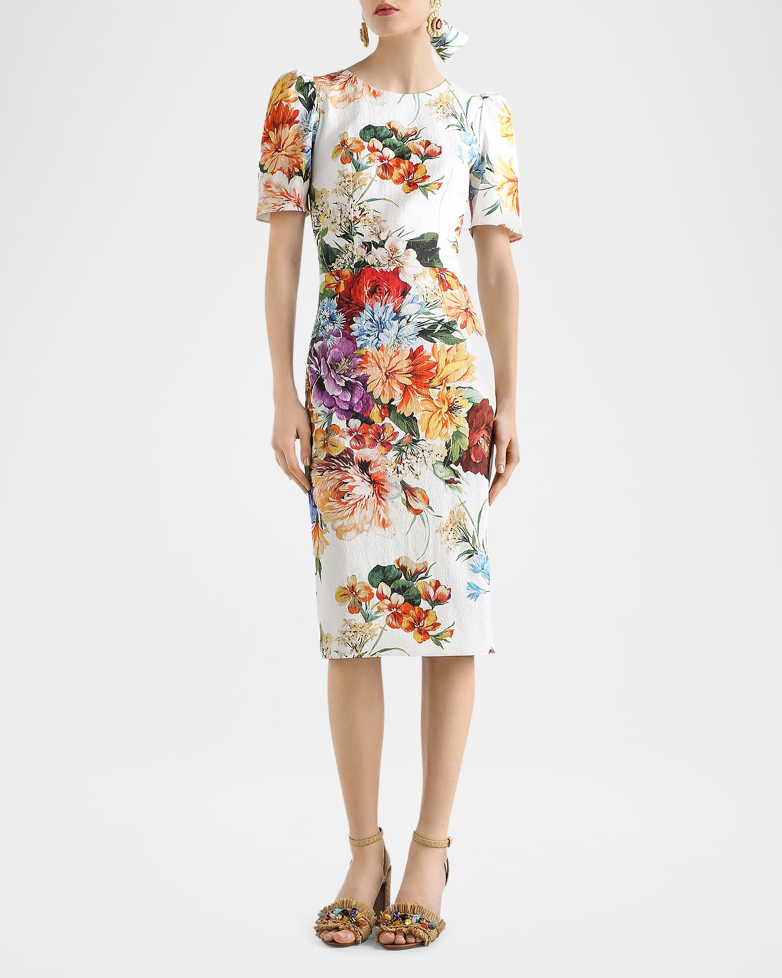 Floral Bouquet Creton Short-Sleeve Dress 1