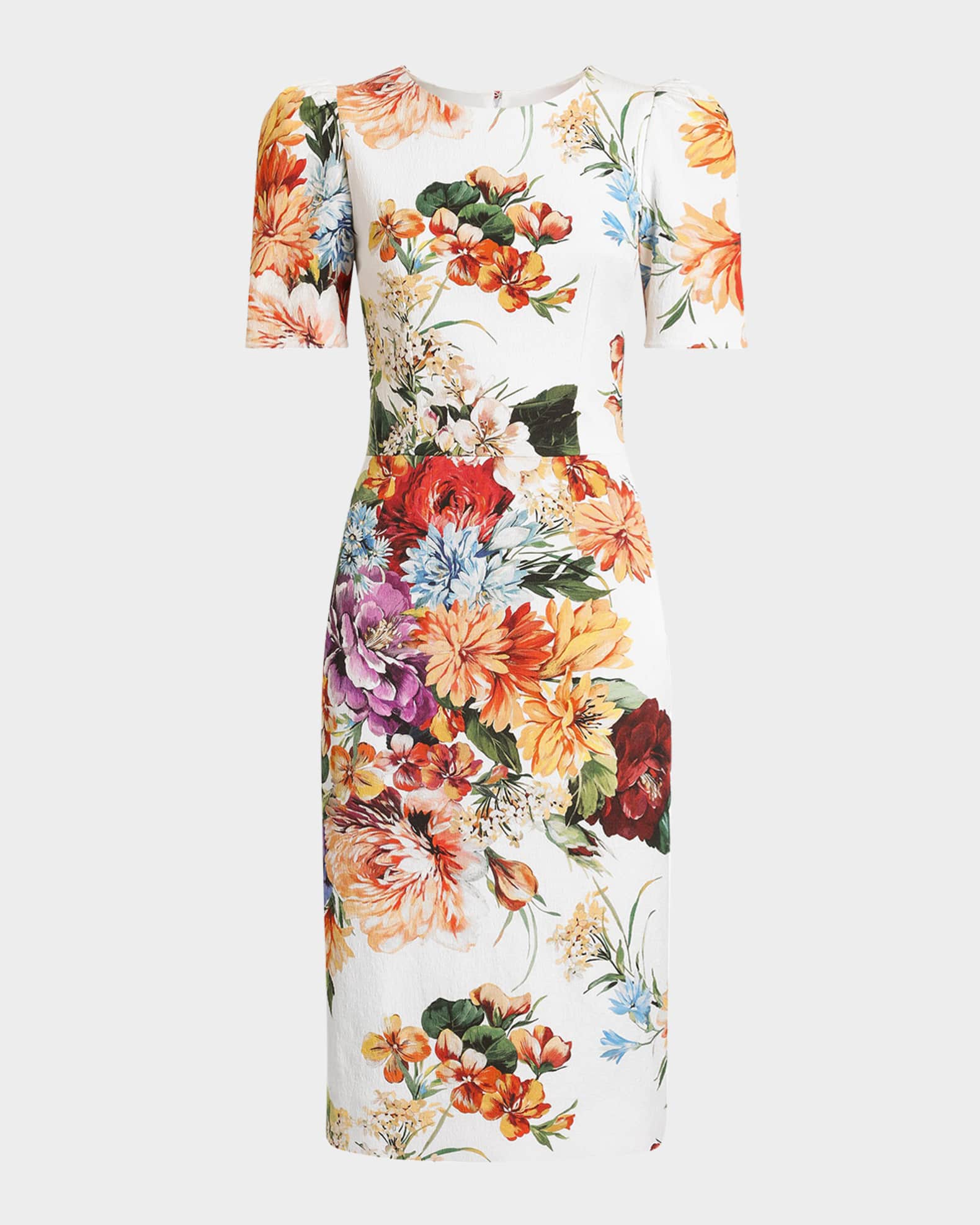 Floral Bouquet Creton Short-Sleeve Dress 0