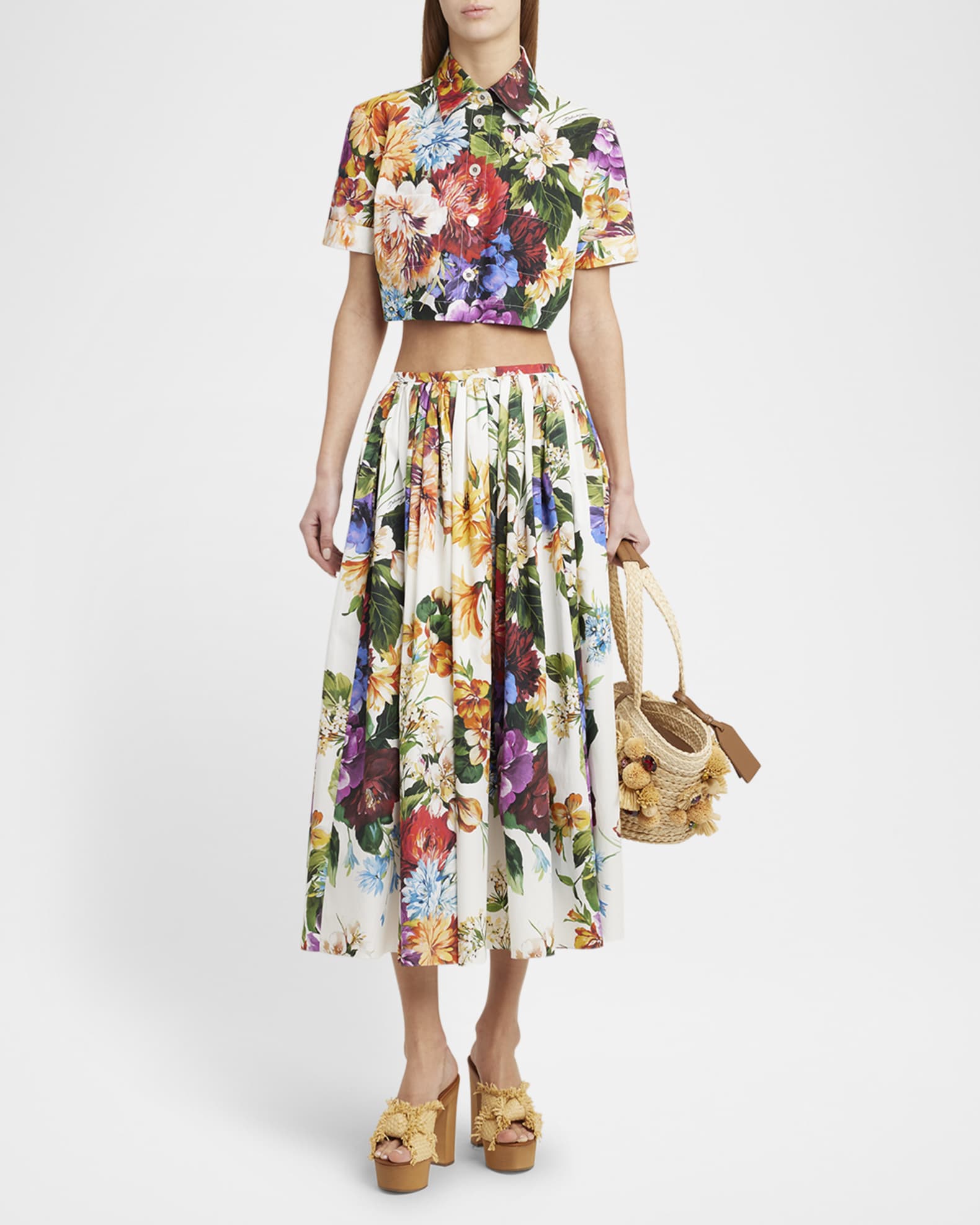 Flower Bouquet Pleated Popeline Midi Skirt 1
