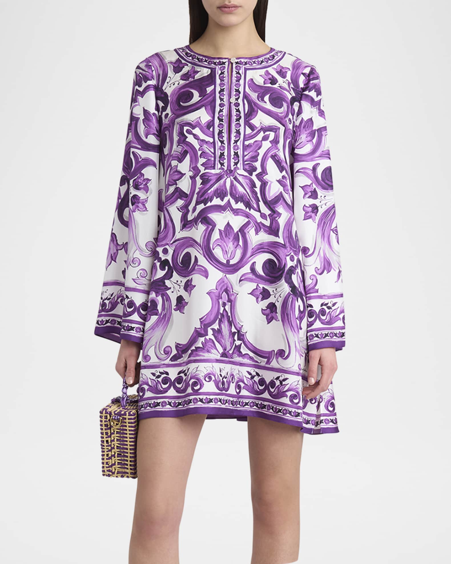 Majolica Silk Twill Long-Sleeve Mini Shift Dress 1