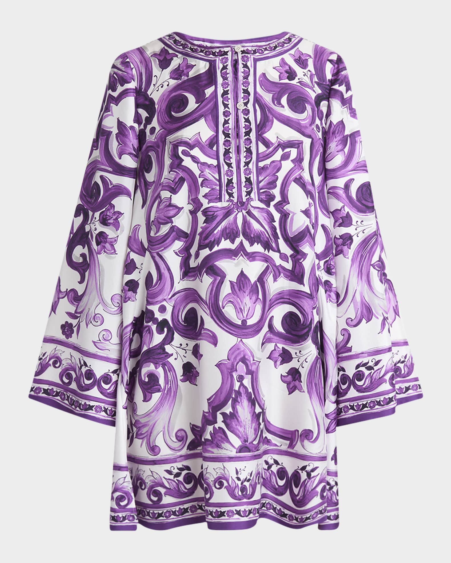 Majolica Silk Twill Long-Sleeve Mini Shift Dress 0