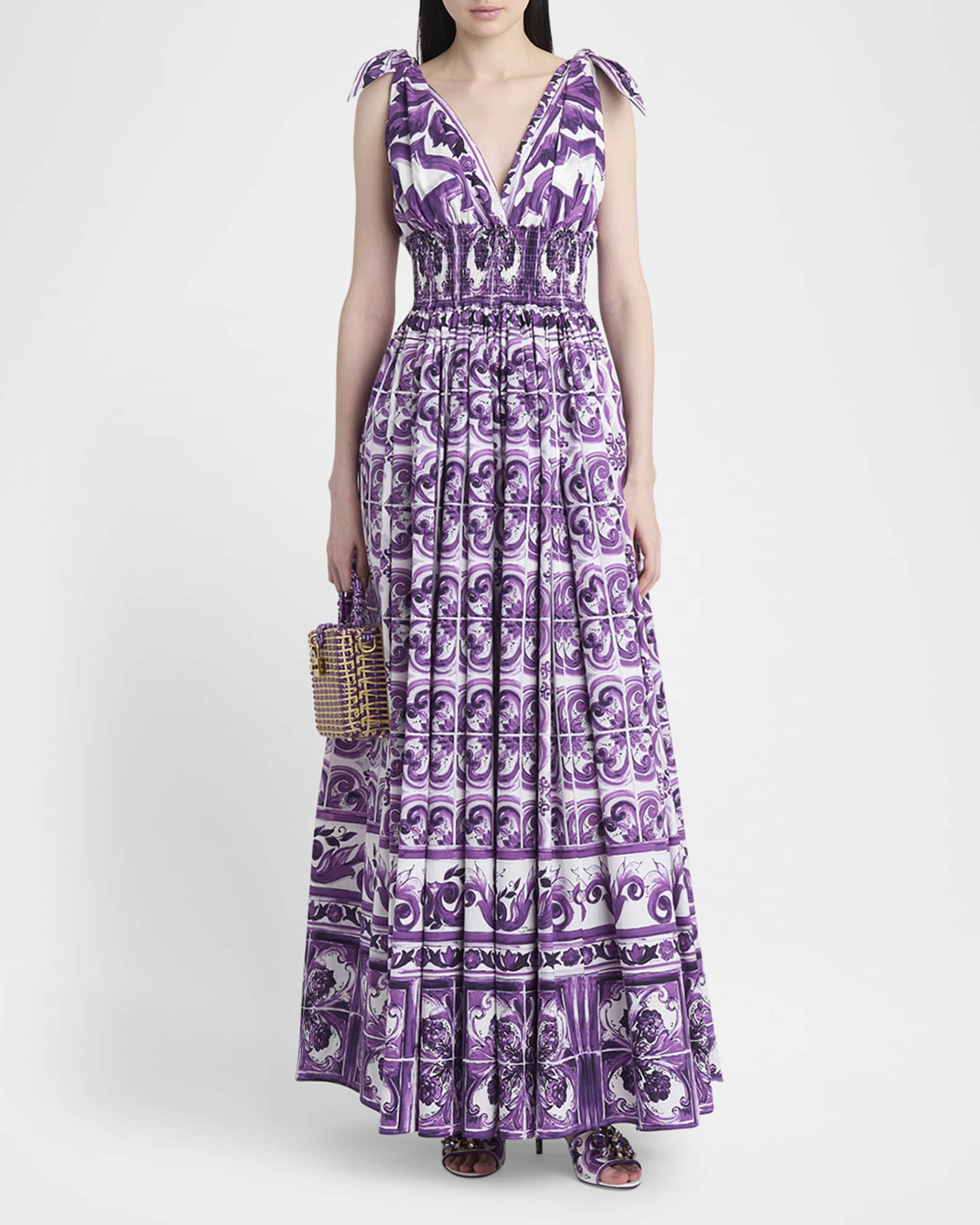 Majolica-Print V-Neck Tie Popline Maxi Dress 1