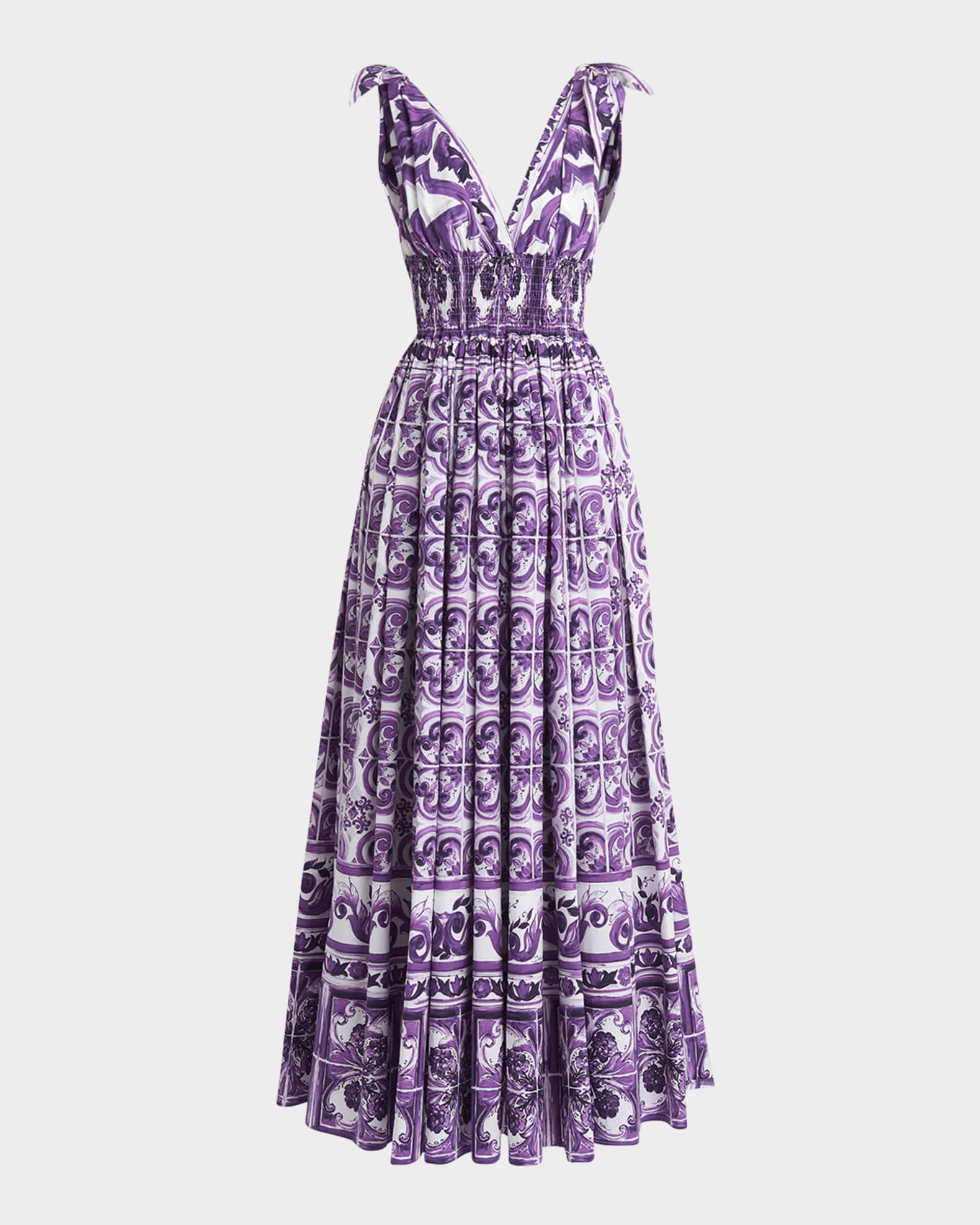 Majolica-Print V-Neck Tie Popline Maxi Dress 0