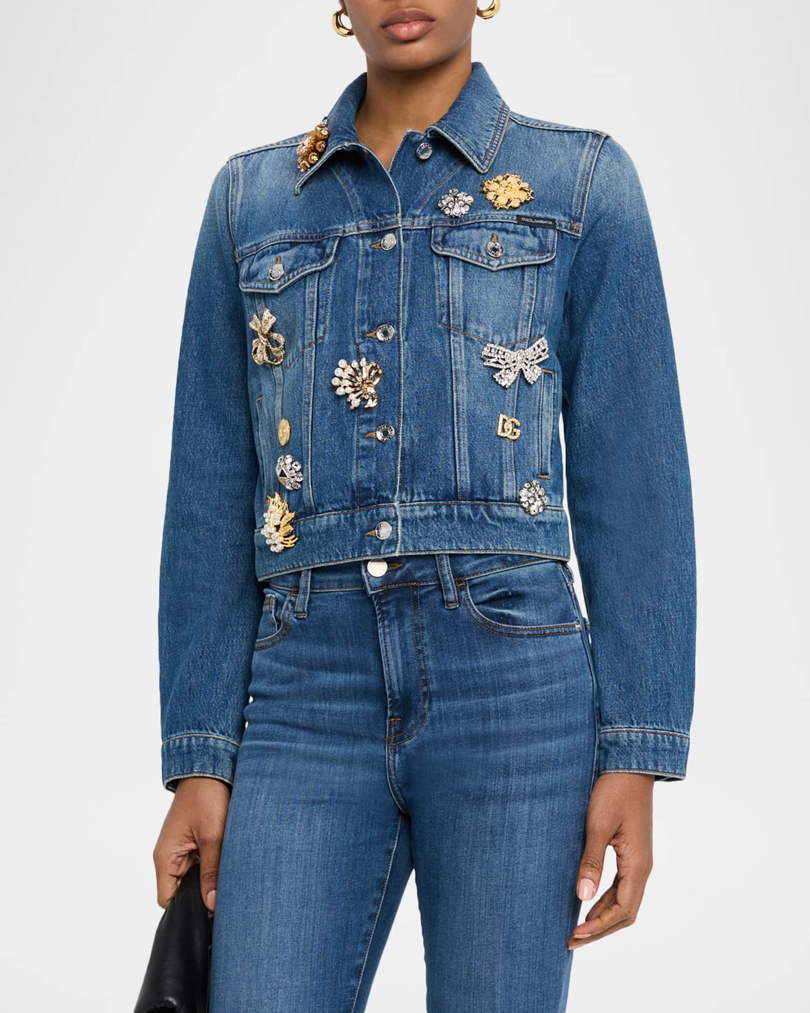 Dolce&Gabbana Brooch Embellished Crop Denim Jacket | Neiman