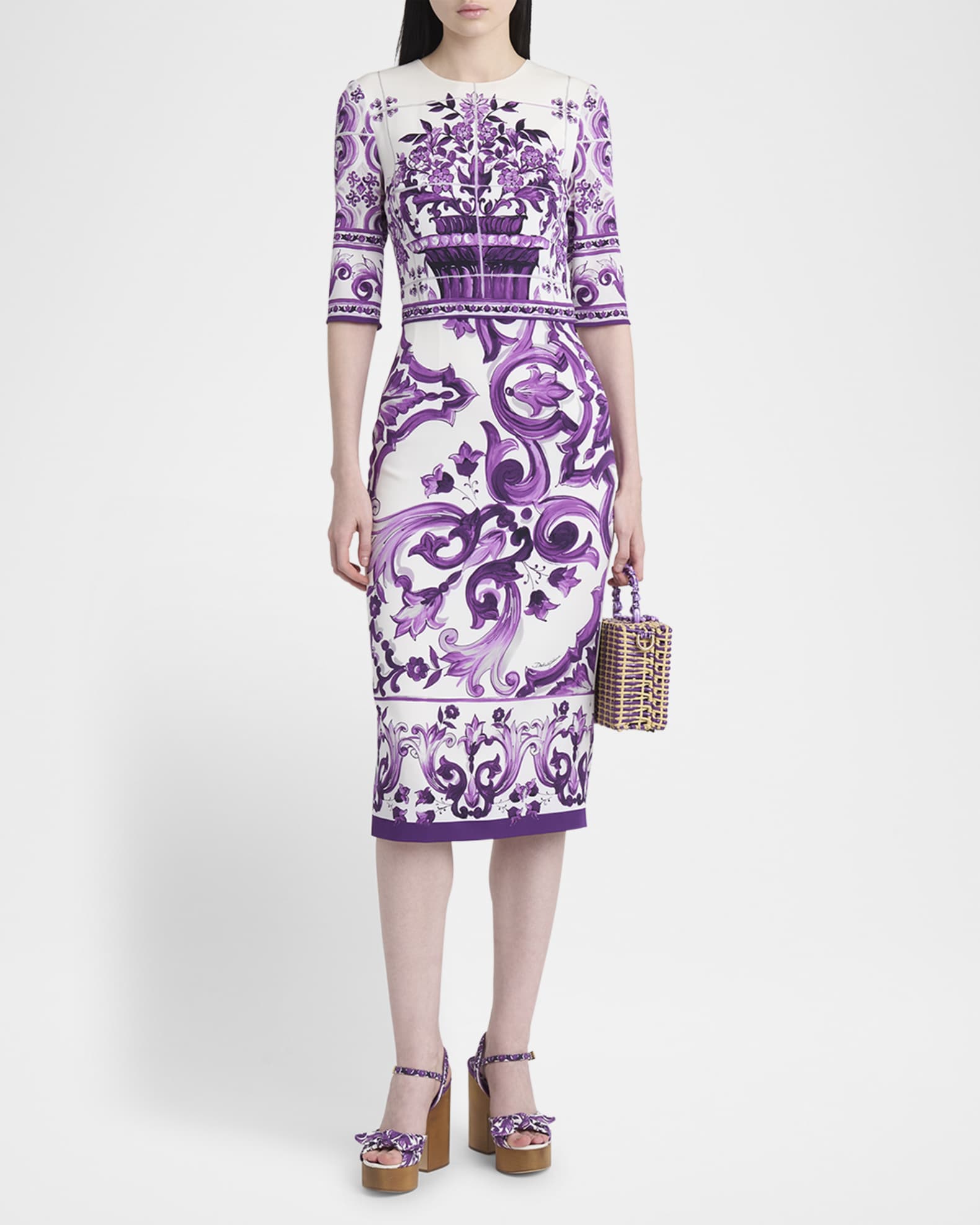 Majolica Charmeuse 3/4-Sleeve Midi Dress 1