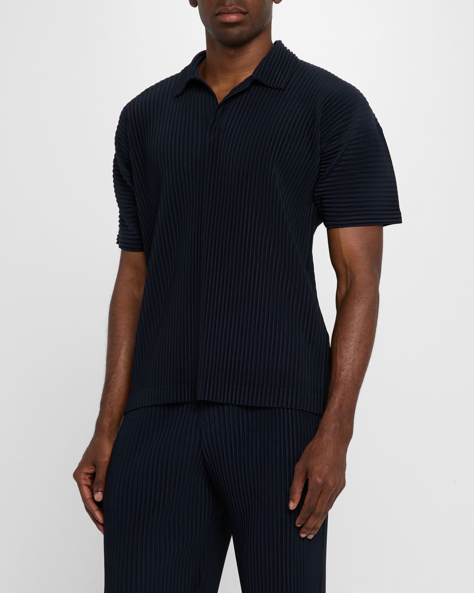 Homme Plisse Issey Miyake Men's Pleated Johnny Collar Polo Shirt