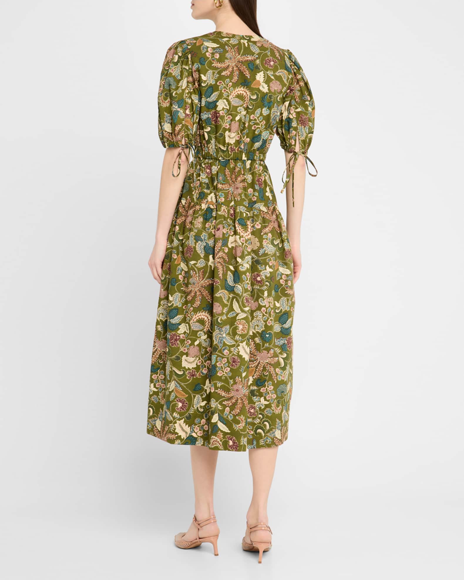 Ulla Johnson Adriana Puff-Sleeve V-Neck Midi Dress | Neiman Marcus