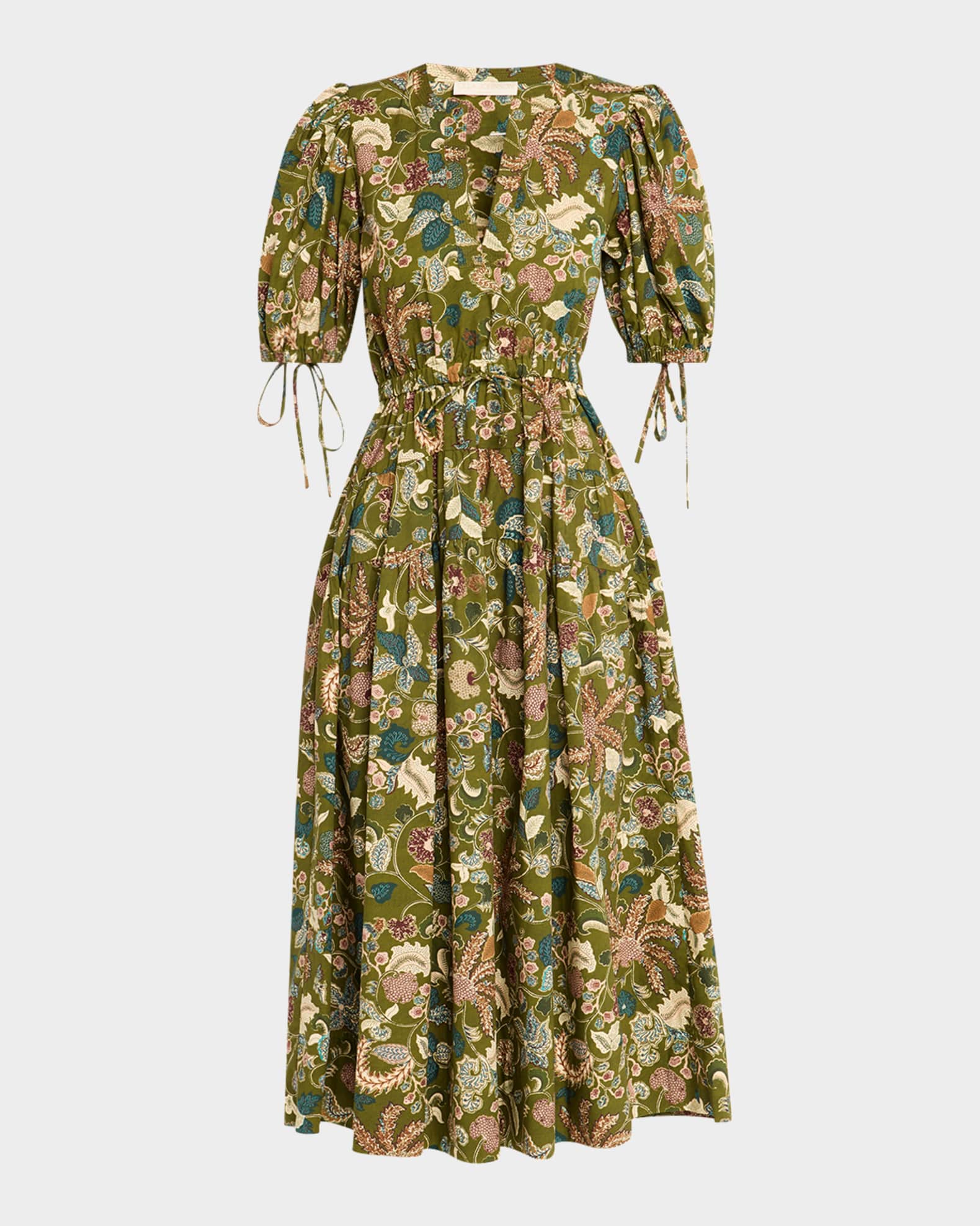 Adriana Puff-Sleeve V-Neck Midi Dress 0