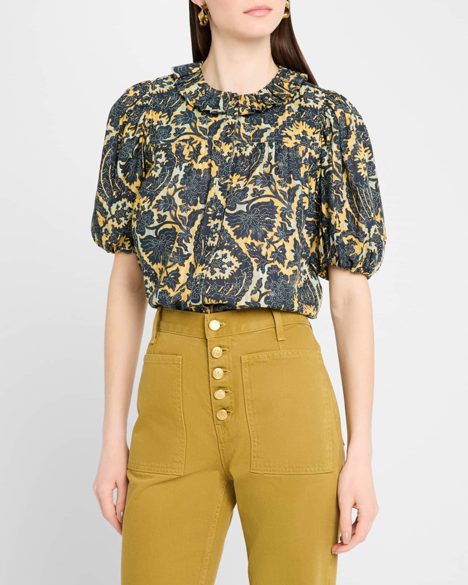 【ULLALA】Meloly short sleeve women's fair lemon Marlo Top - Peony Embroidered Short Sleeve Silk Top - Ulla