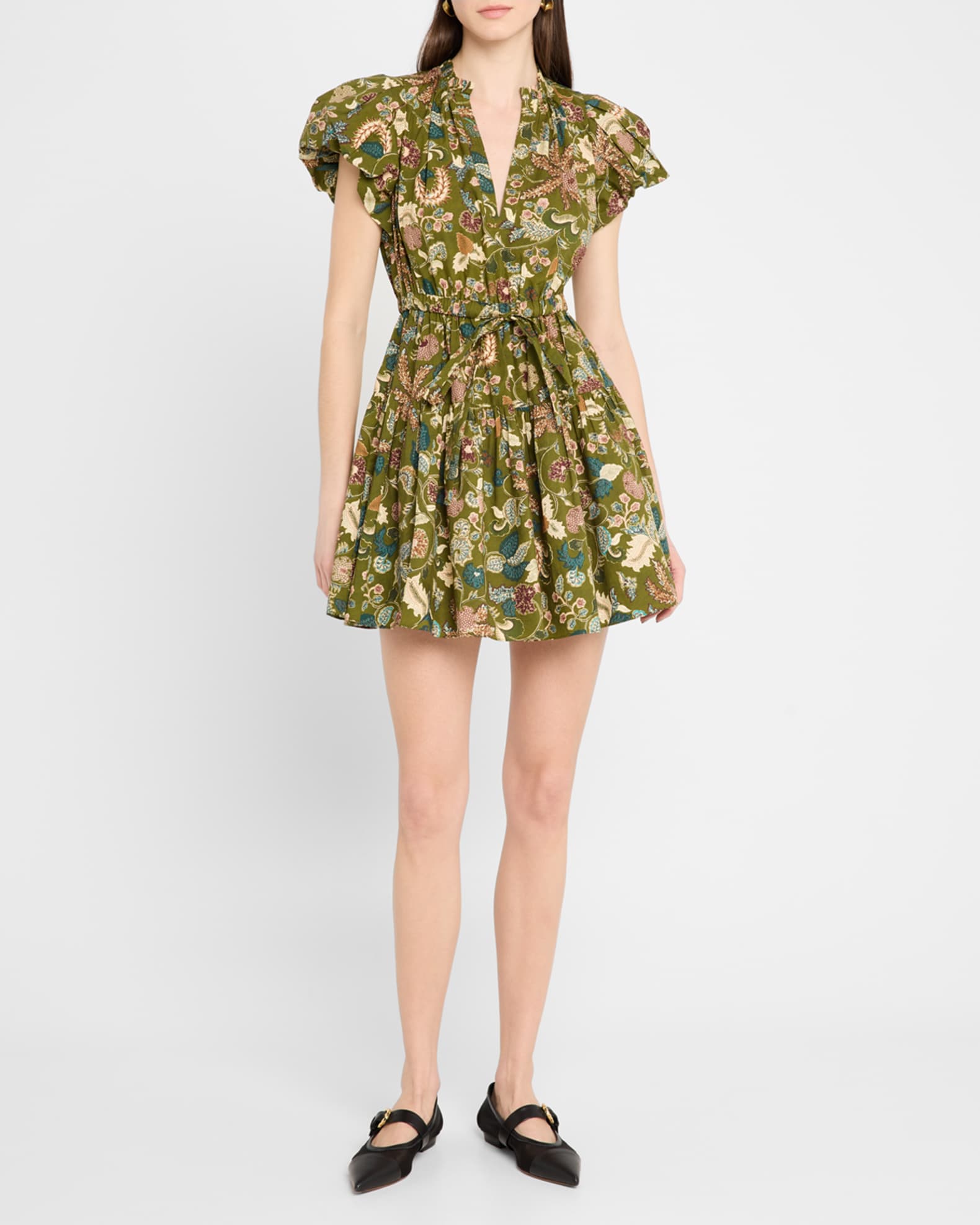 Izel Paisley-Print Cotton Puff-Sleeve Tie-Waist Mini Dress 1