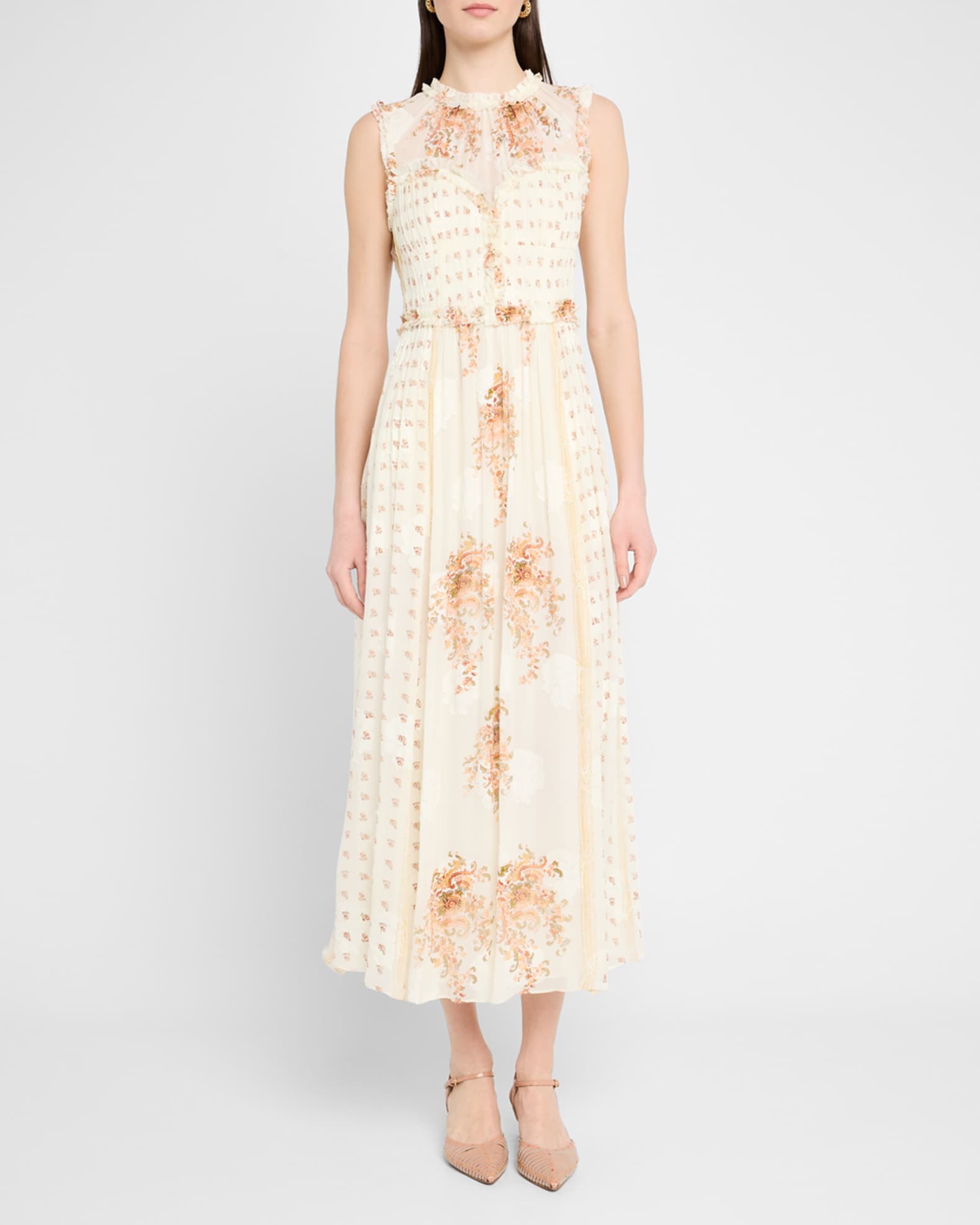Ulla Johnson | Women's Kasia Sleeveless Midi Dress in White Chiffon Botanical Dress Size 14