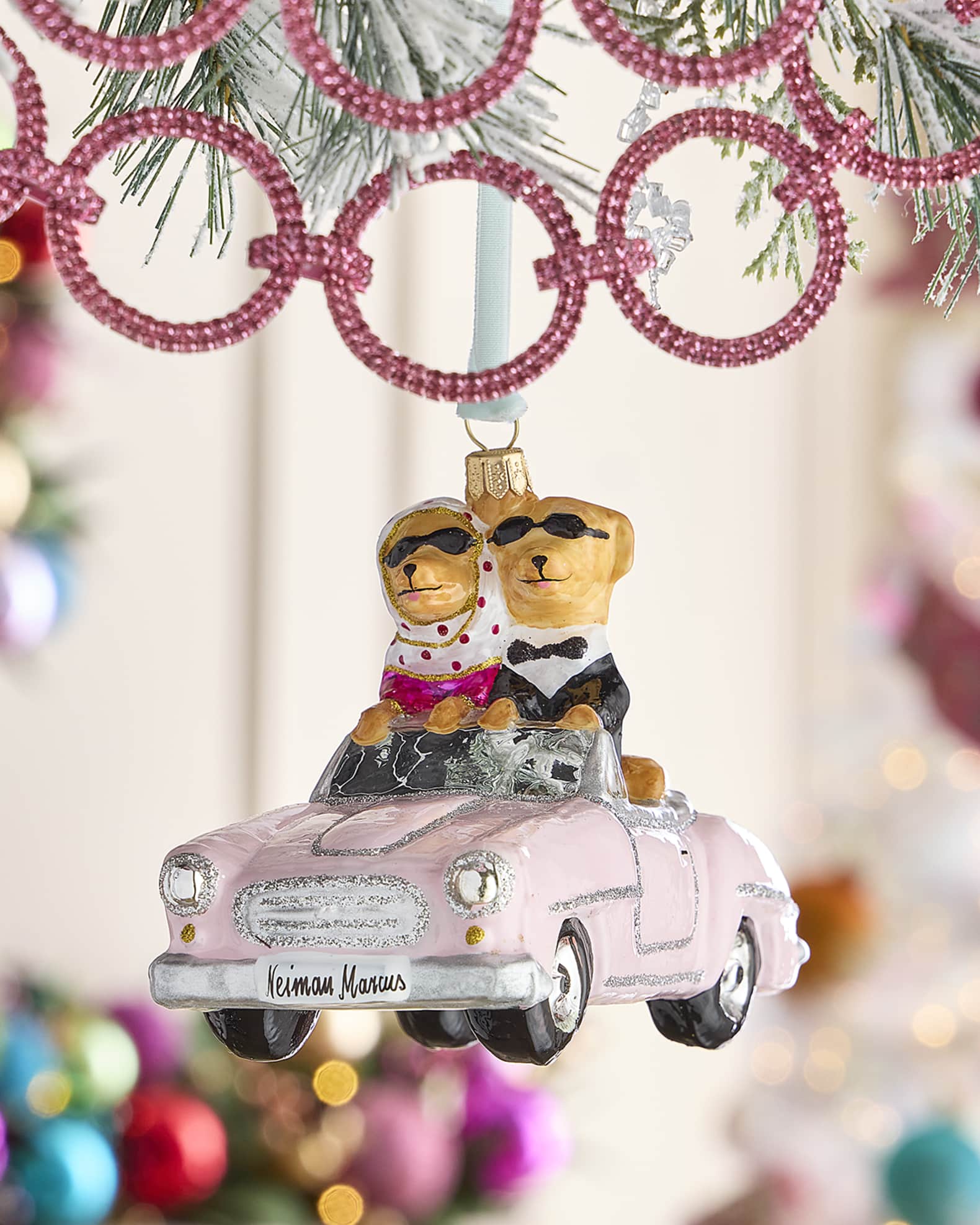Dogs in Pink Cabrio Christmas Ornament  0