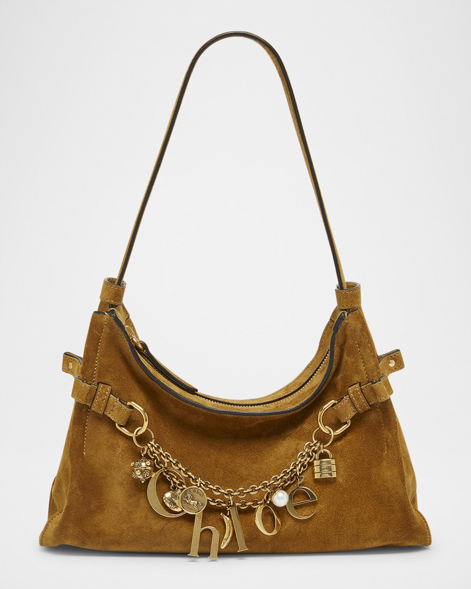 Chloe Logo Charm Hobo Bag in Suede | Neiman Marcus