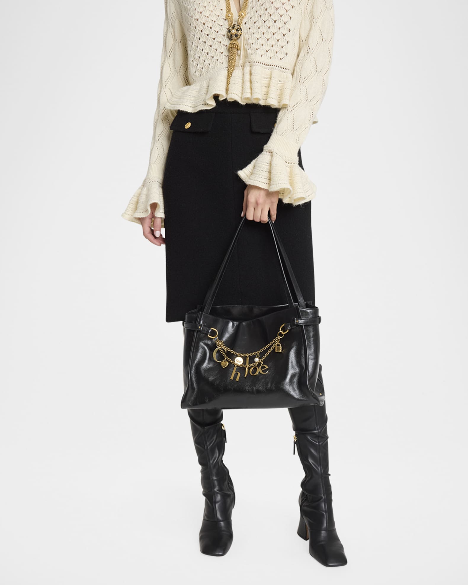 トートバッグ CHLOE CHLOE CHARMS TOTE BAG IN SHINY LEATHER Chloe Logo Charms Tote Bag in Shiny Leather | Neiman Marcus