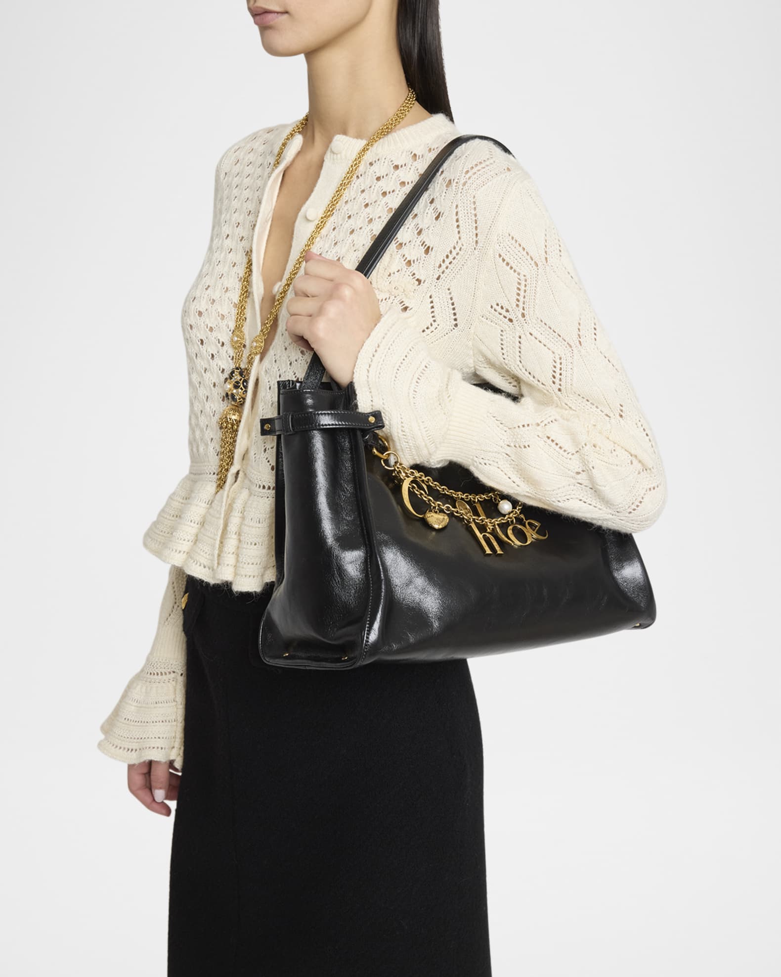 トートバッグ CHLOE CHLOE CHARMS TOTE BAG IN SHINY LEATHER Chloe Logo Charms Tote Bag in Shiny Leather | Neiman Marcus