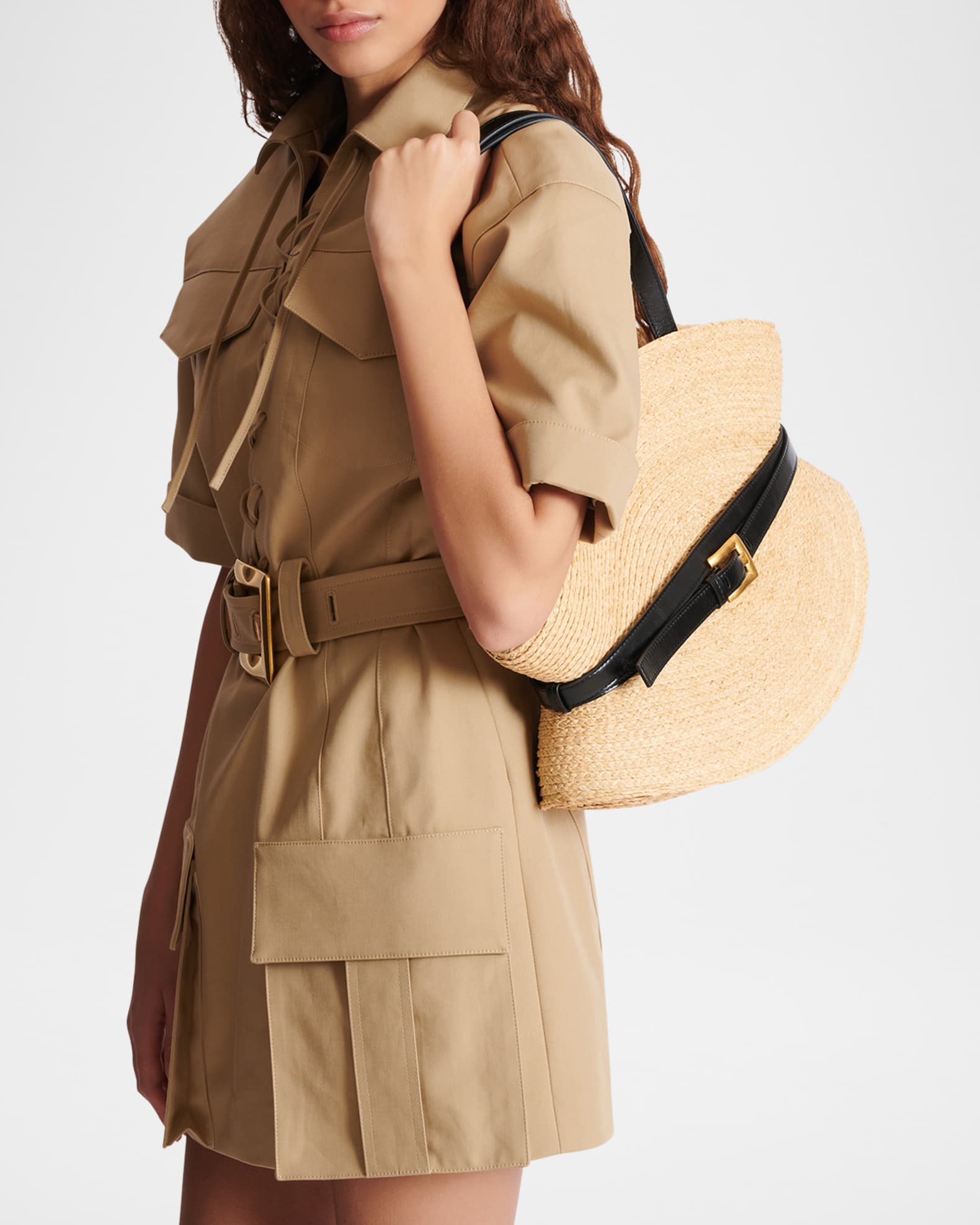 Balmain Shuffle Belted Shoulder Bag in Raffia | Neiman Marcus