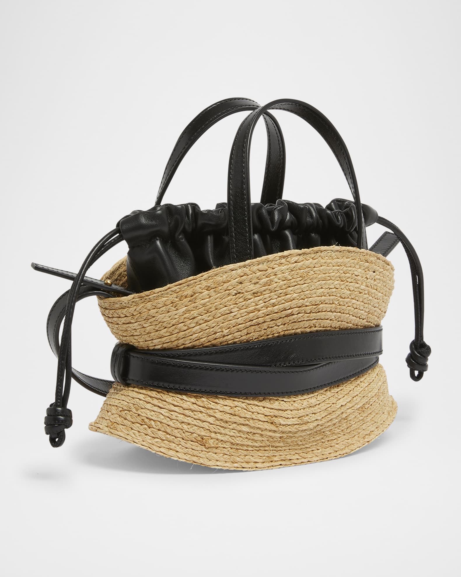 Balmain Shuffle Mini Top-Handle Bag in Raffia and Calfskin