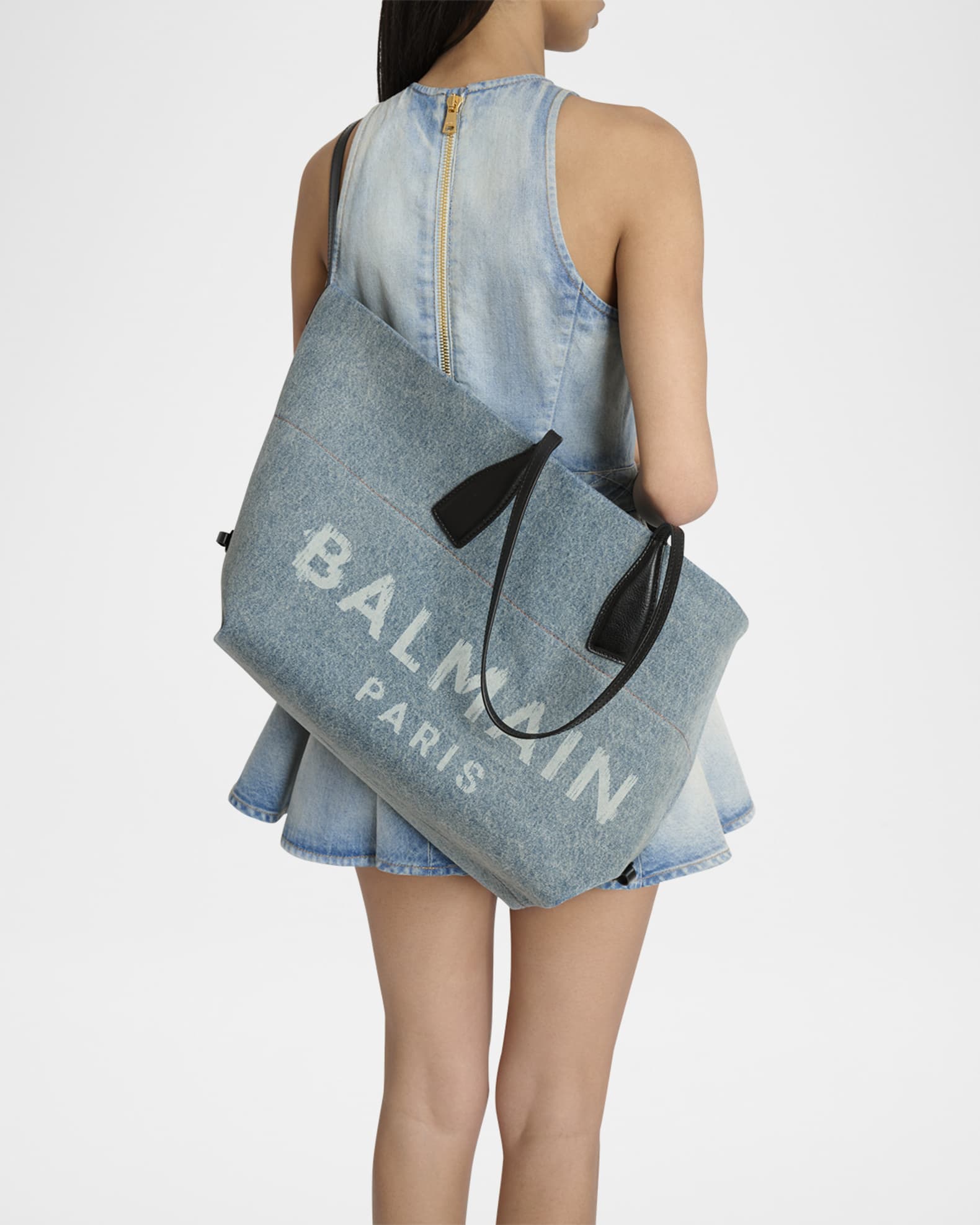 Balmain Track Shoulder Bag in Denim and Calfskin Leather