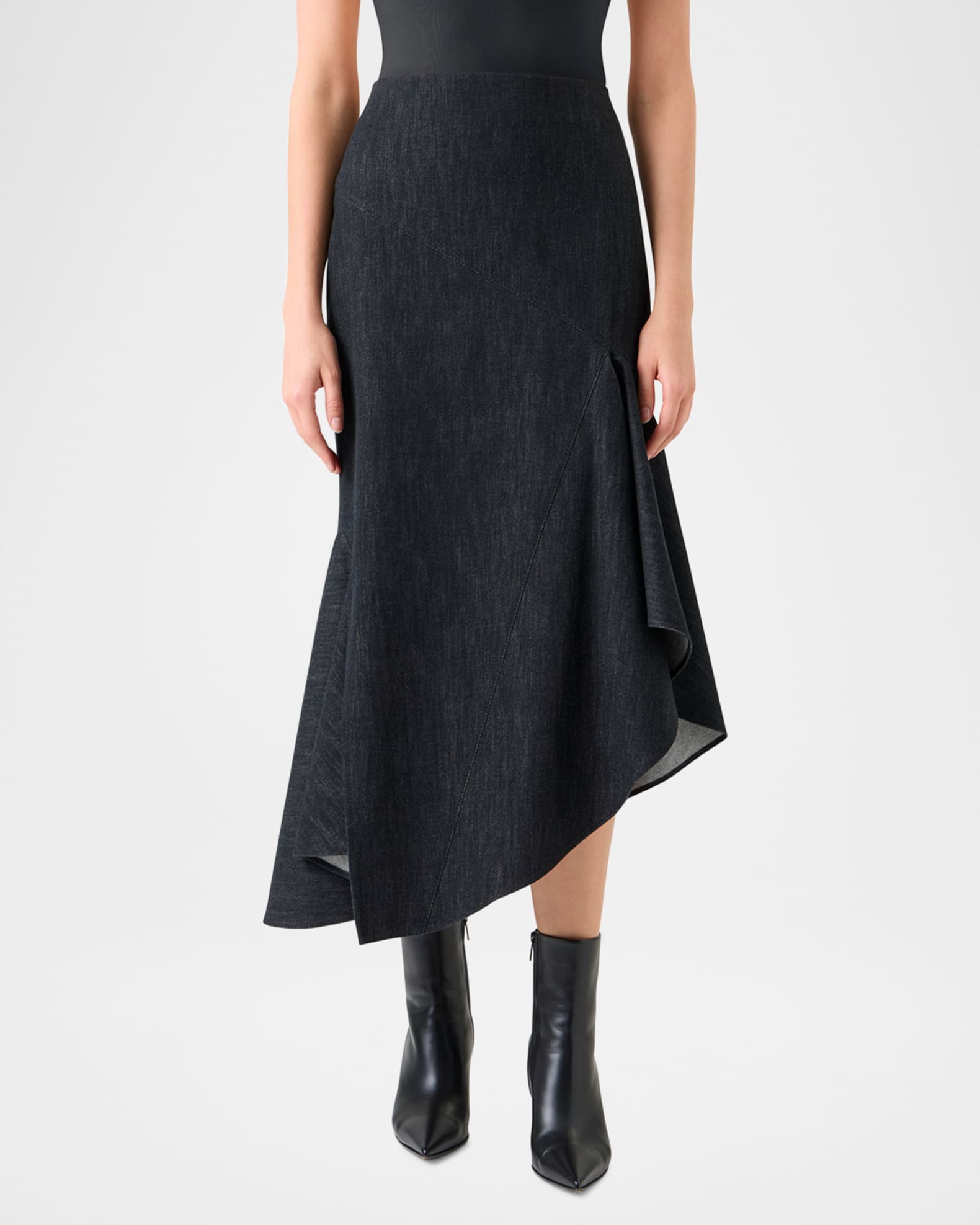 Asymmetric Flared-Hem Stretch Denim Midi Skirt 1