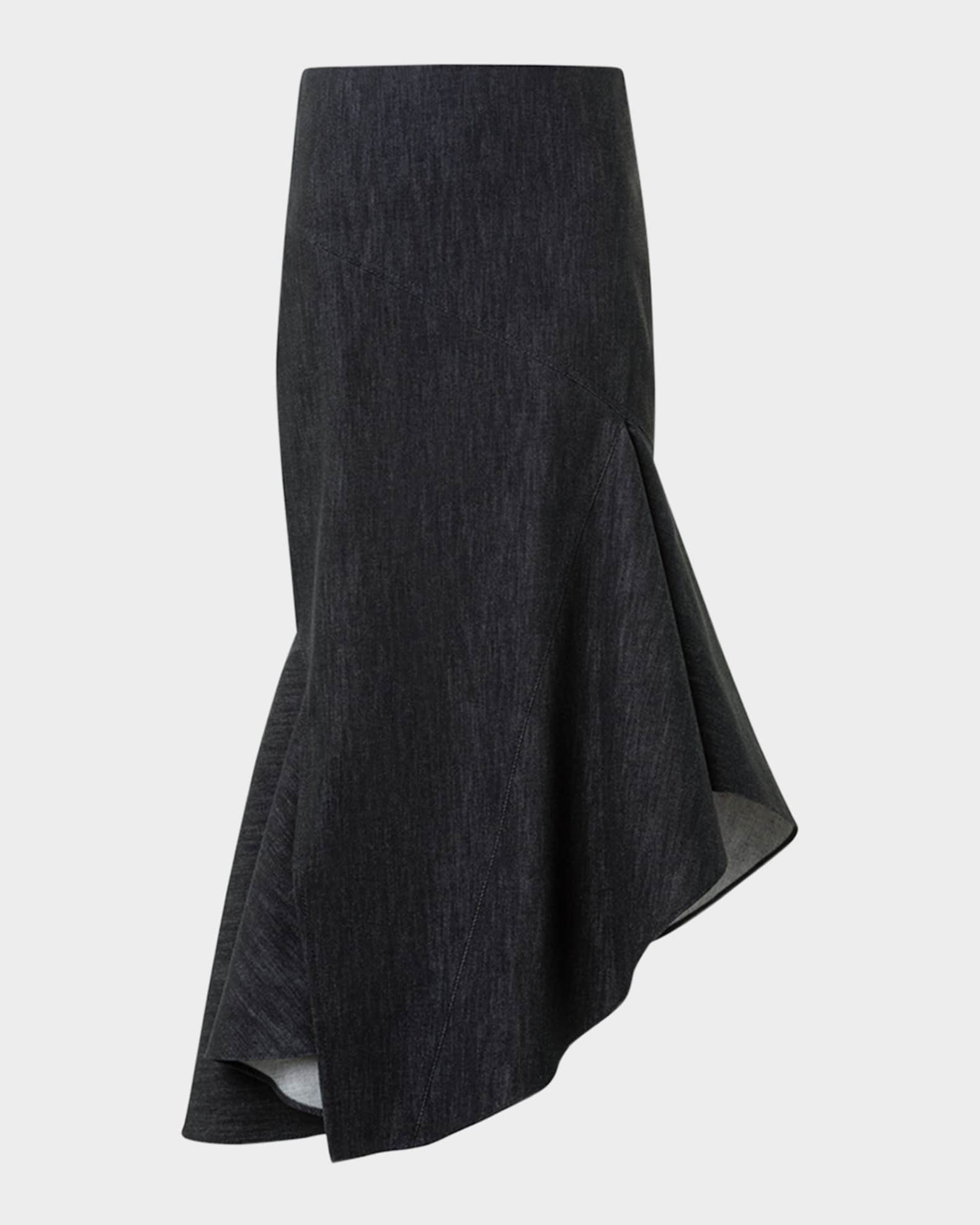 Asymmetric Flared-Hem Stretch Denim Midi Skirt 0
