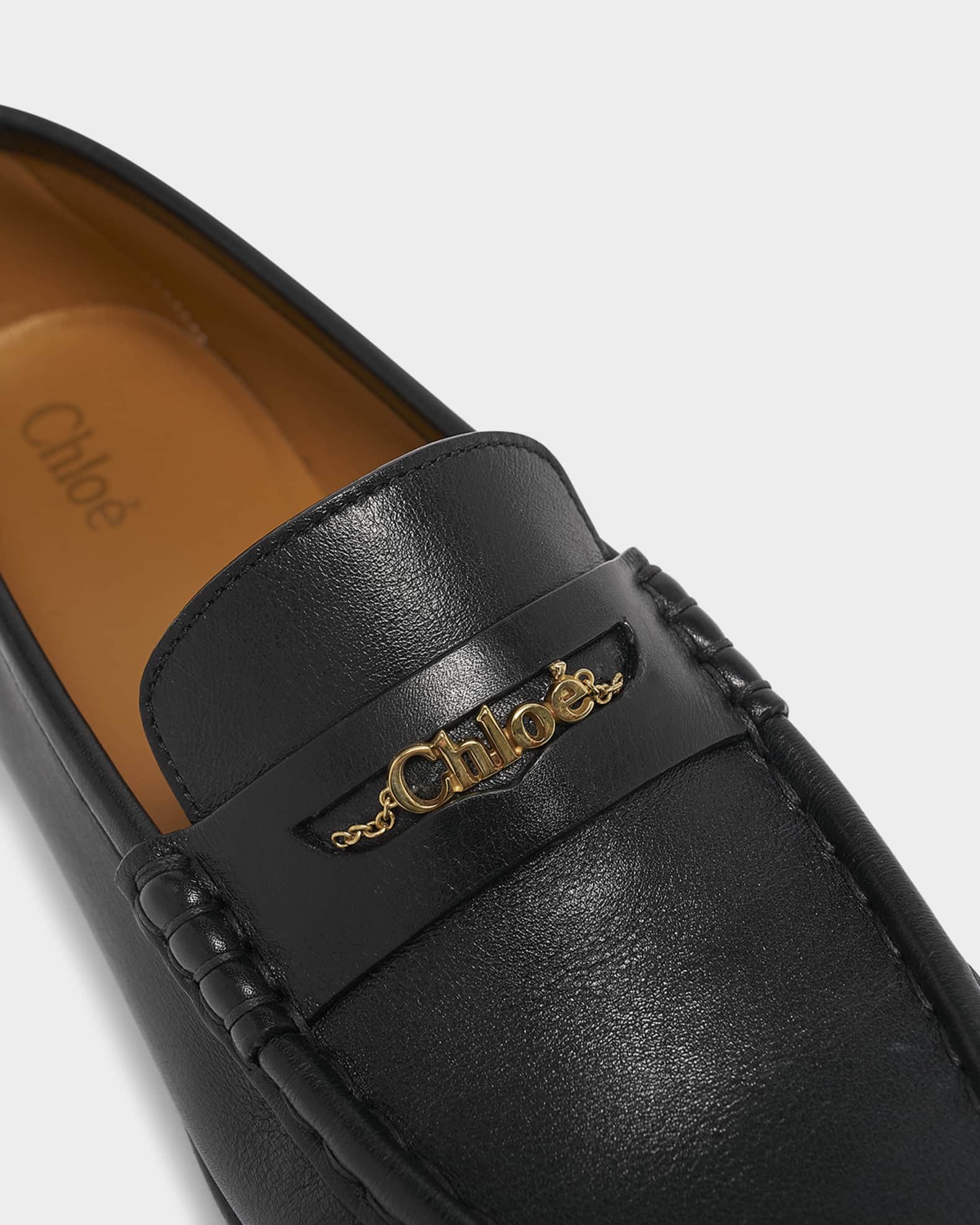 Chloe Leather Logo Chain Penny Loafers | Neiman Marcus