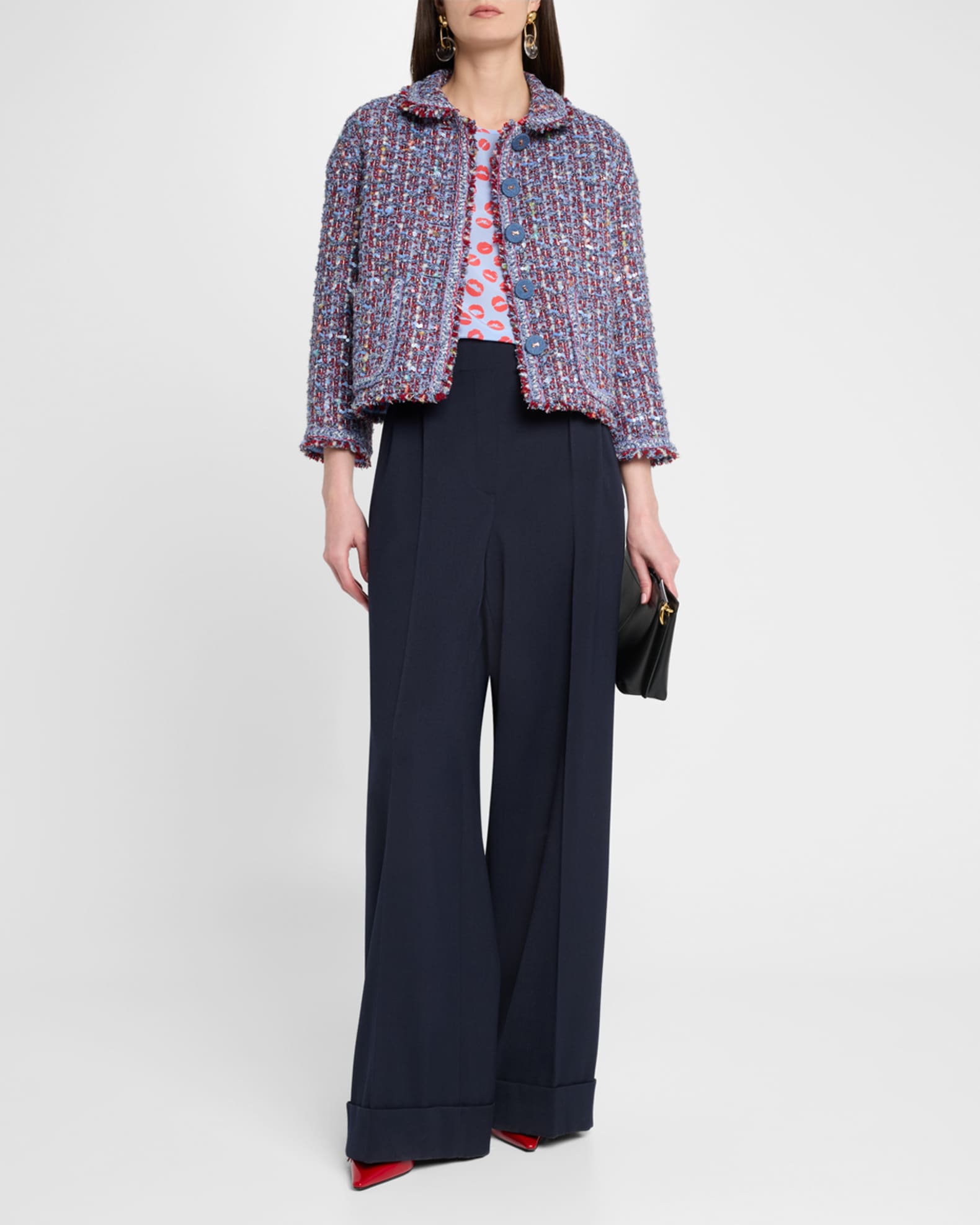 3/4-Sleeve Paillette Multi Tweed Caban Jacket 1